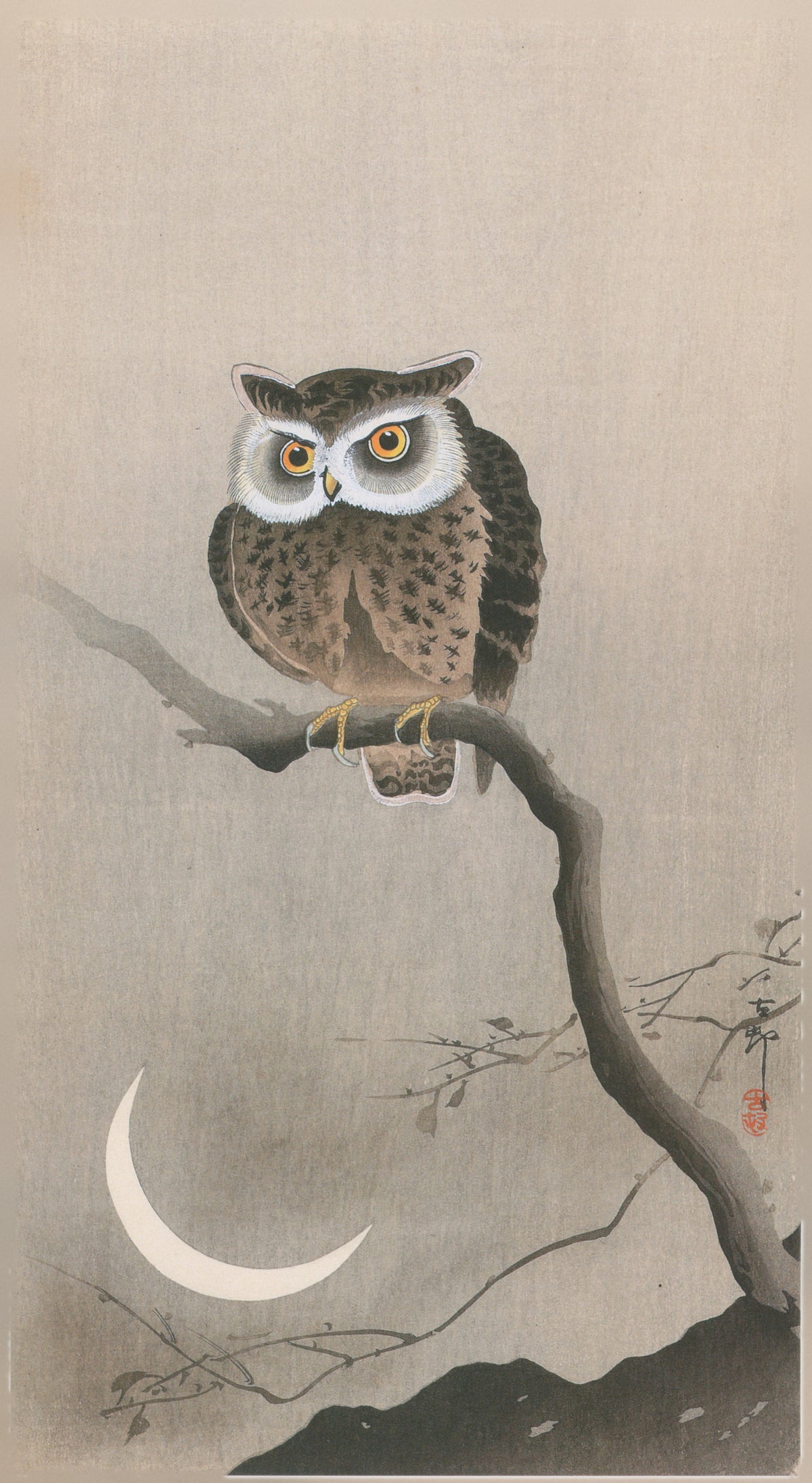 Horned Owl and Crescent Moon by Ohara Koson — A horned owl perches on a branch beneath a crescent moon