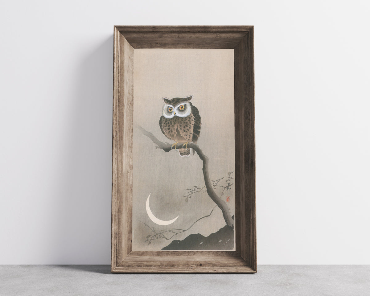Horned Owl and Crescent Moon by Ohara Koson — shown framed on a wall