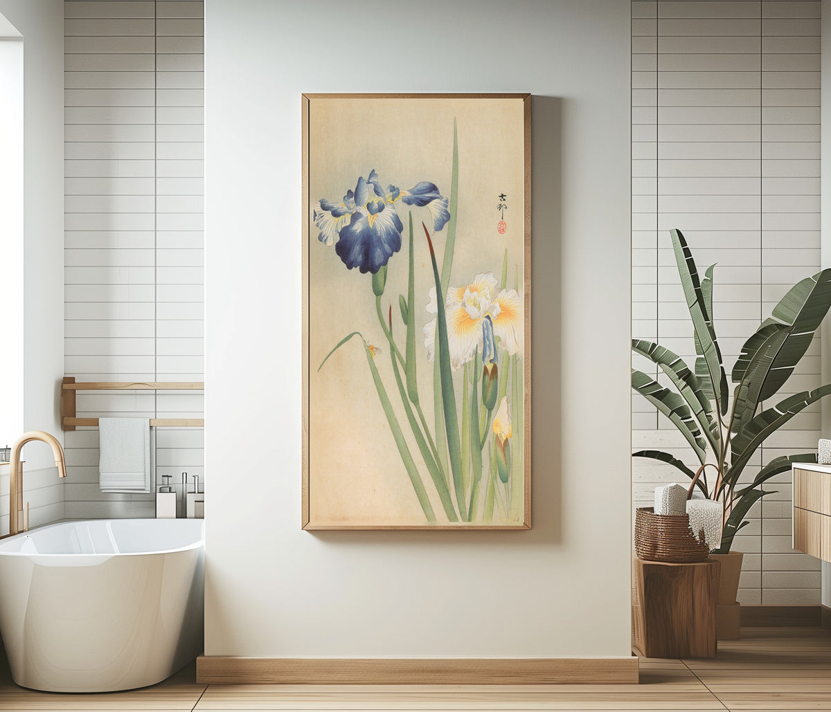 Iris and Bee by Ohara Koson — shown framed on a wall
