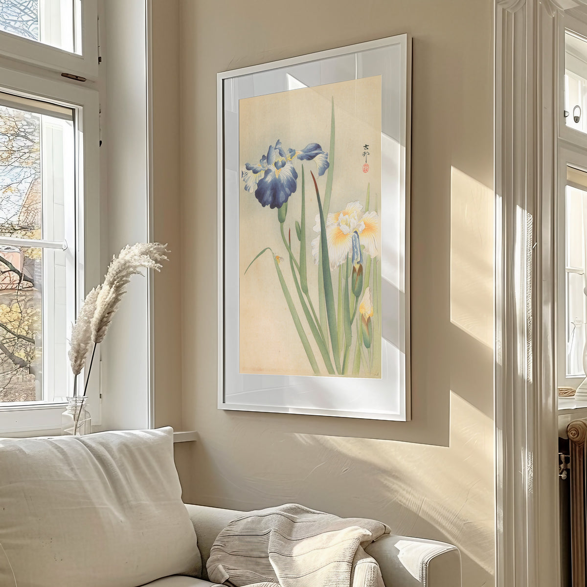 Iris and Bee by Ohara Koson — shown framed on a wall
