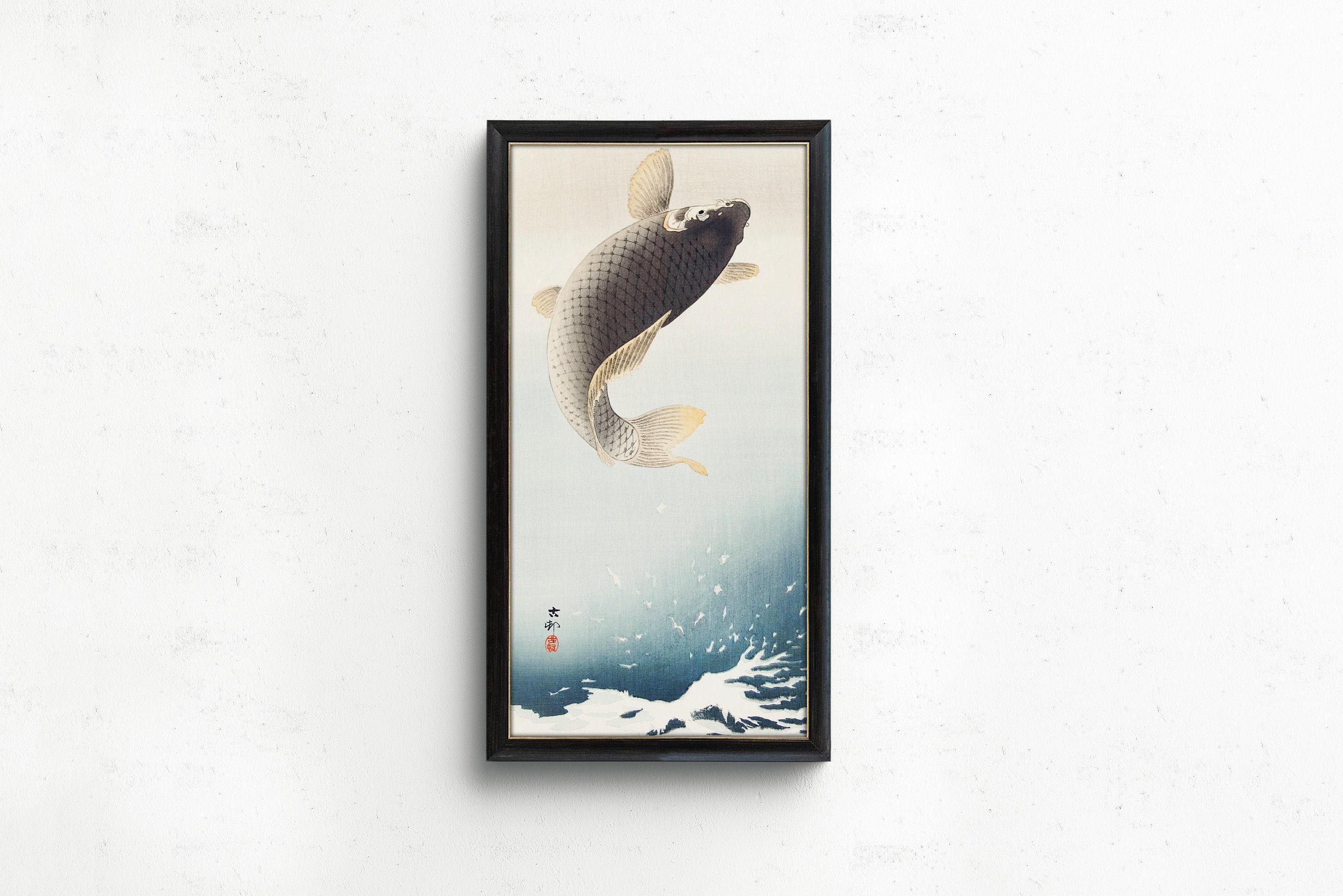 Ohara Koson - Jumping Carp | PRINT | Vintage Asian Japanese Narrow Tall Vertical Art (available handframed or unframed) 2x1 - 9ArtPrints
