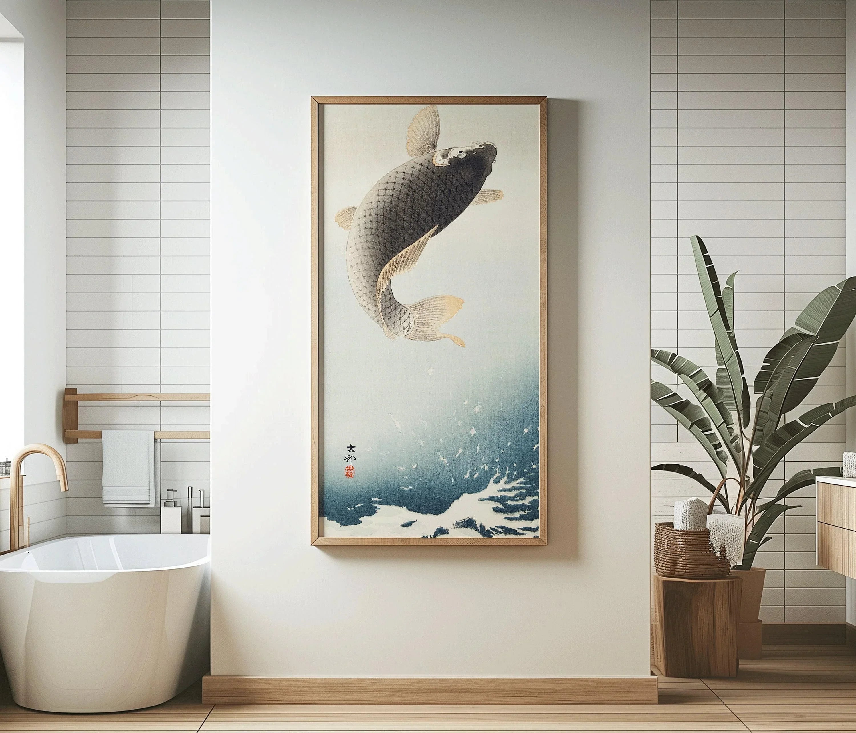 Ohara Koson - Jumping Carp | PRINT | Vintage Asian Japanese Narrow Tall Vertical Art (available handframed or unframed) 2x1 - 9ArtPrints