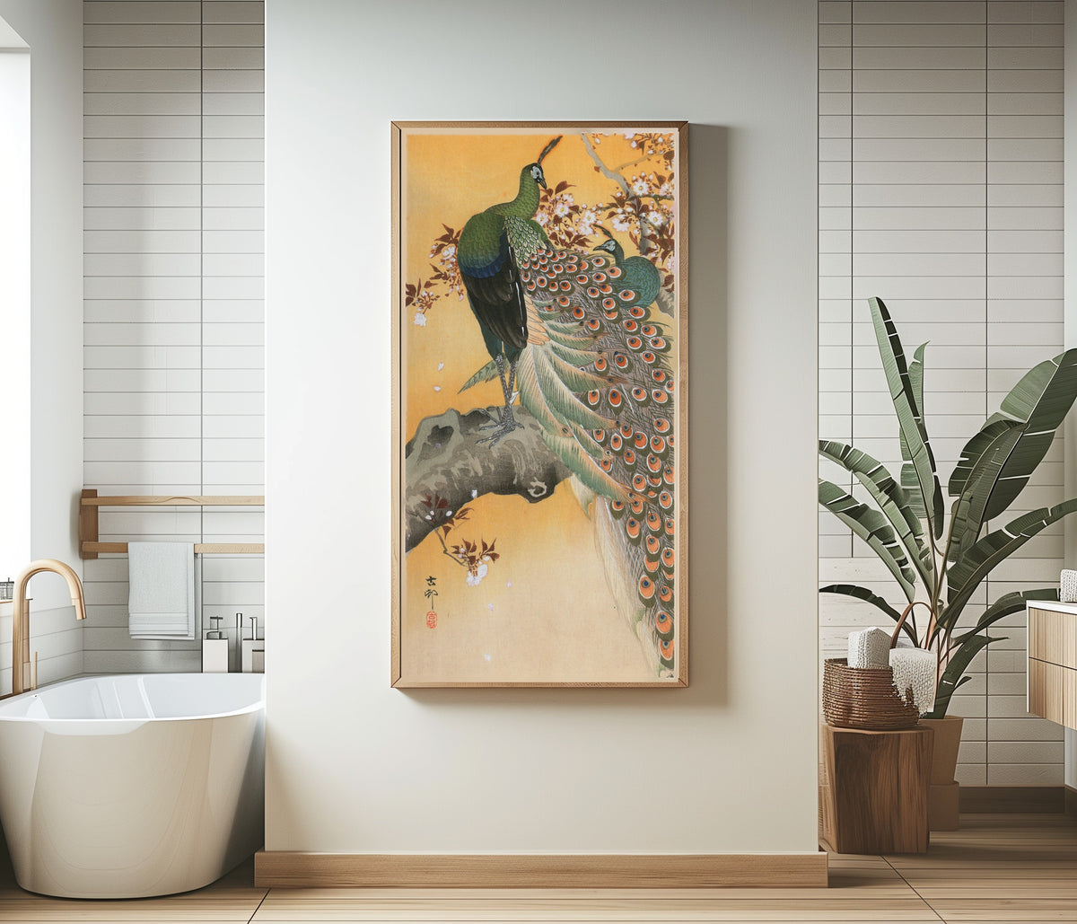 Pair of Peacocks on Cherry by Ohara Koson — framed in a bathroom beside a freestanding tub