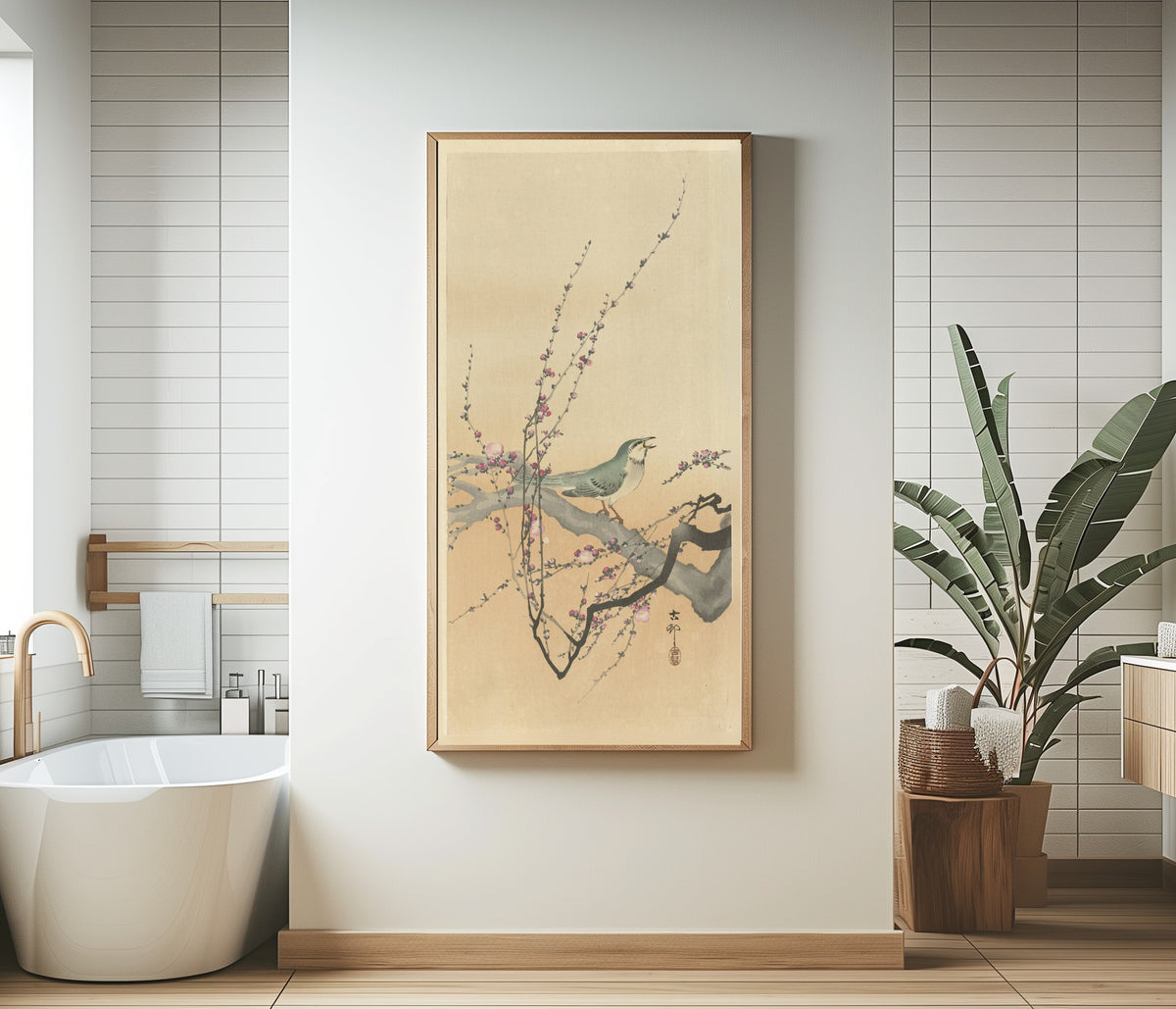 Songbird and Plum Blossom by Ohara Koson — framed in a bathroom beside a freestanding tub