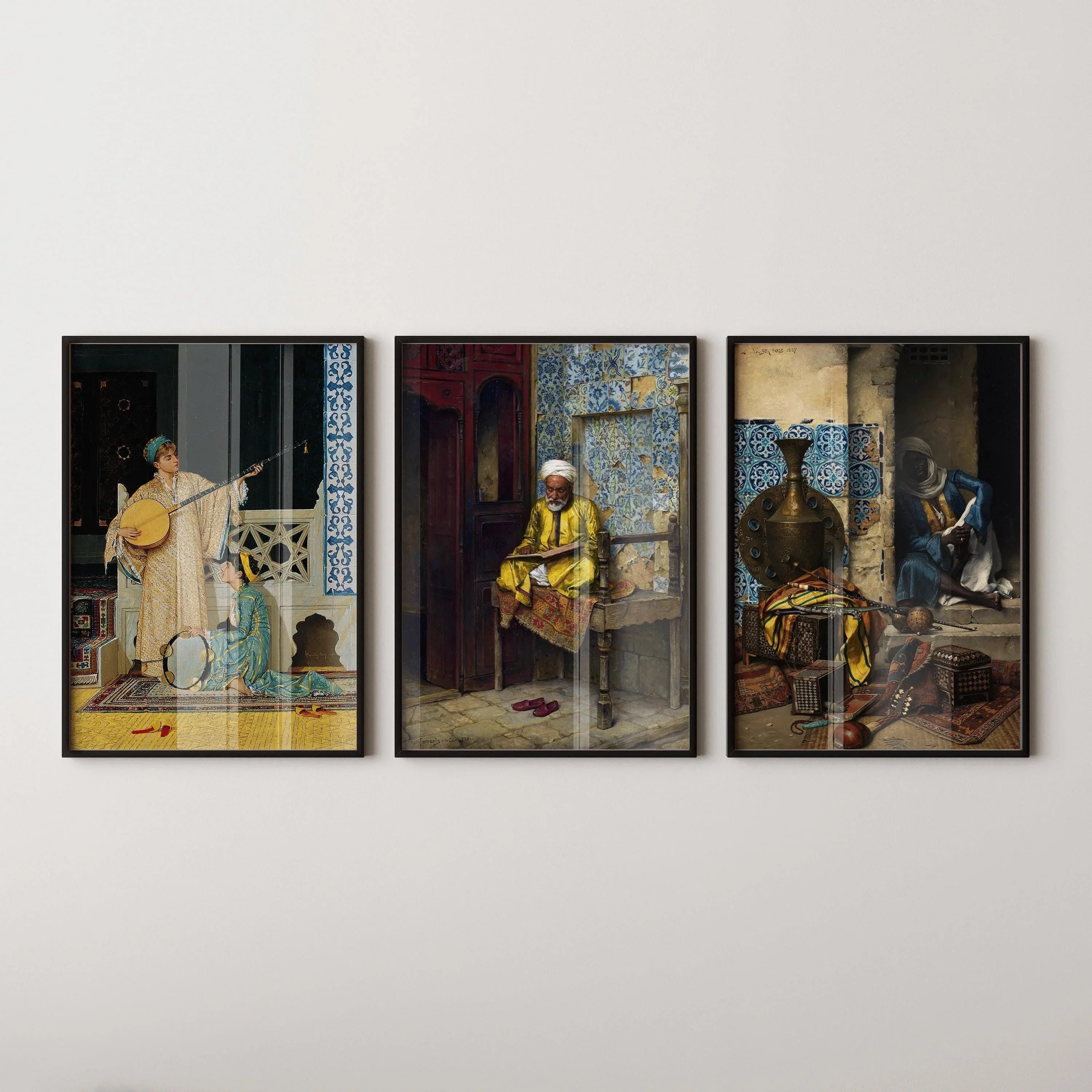 Orientalist Elegance: STATEMENT TRIO ArtFeaturing Musicians Scholars & Rich Patterns – Timeless Wall Décor Available framed - 9ArtPrints