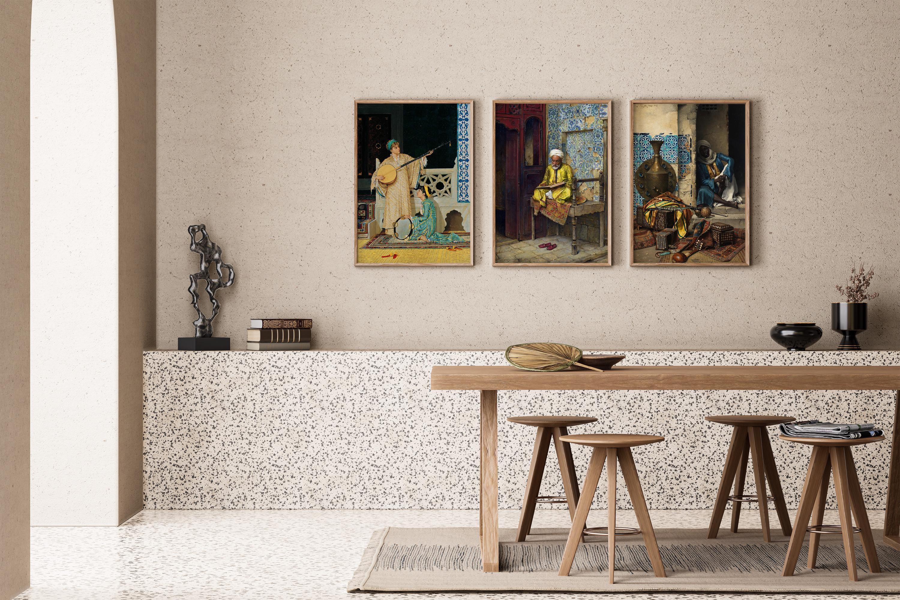 Orientalist Elegance: STATEMENT TRIO ArtFeaturing Musicians Scholars & Rich Patterns – Timeless Wall Décor Available framed - 9ArtPrints