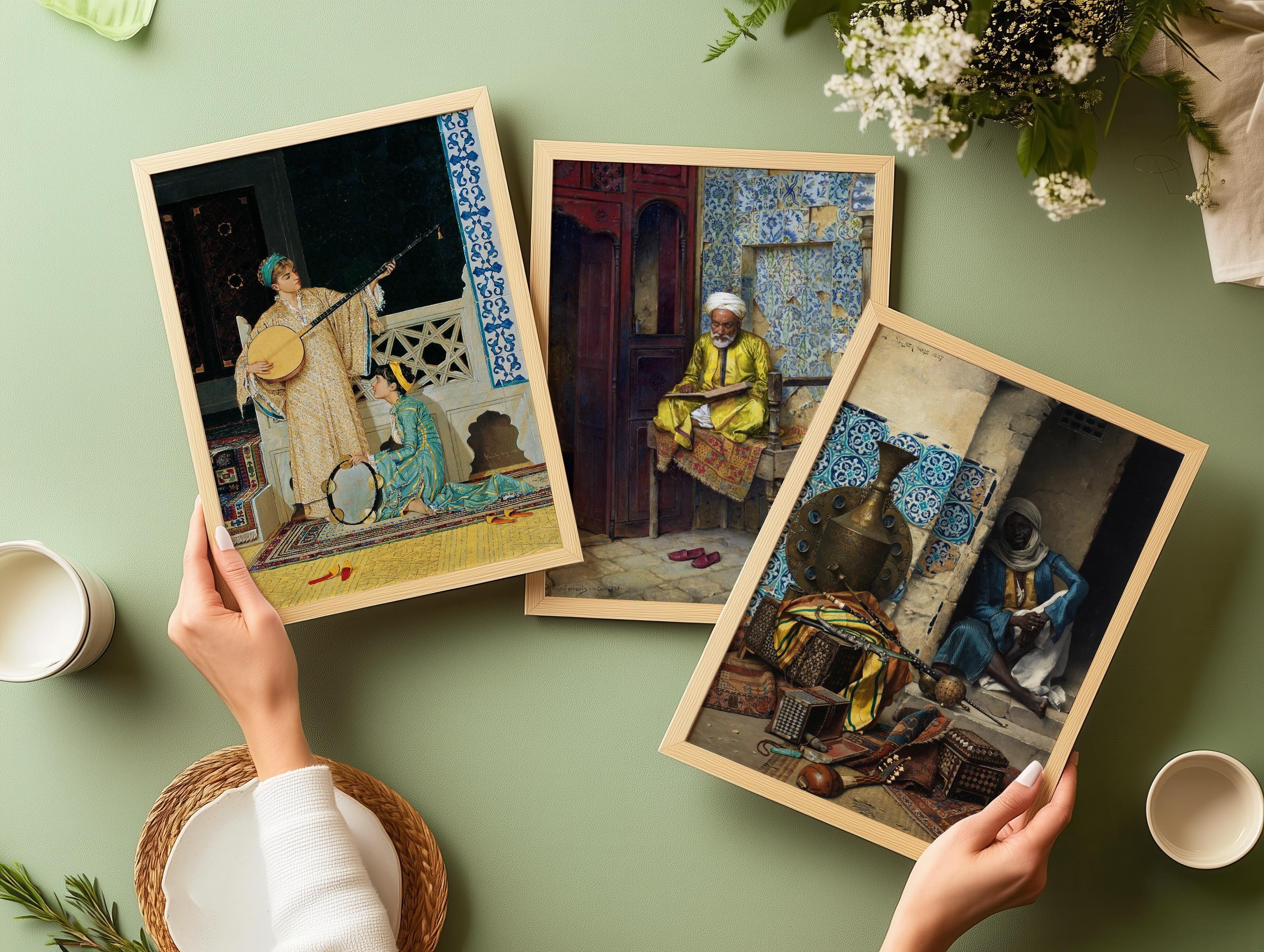 Orientalist Elegance: STATEMENT TRIO ArtFeaturing Musicians Scholars & Rich Patterns – Timeless Wall Décor Available framed - 9ArtPrints