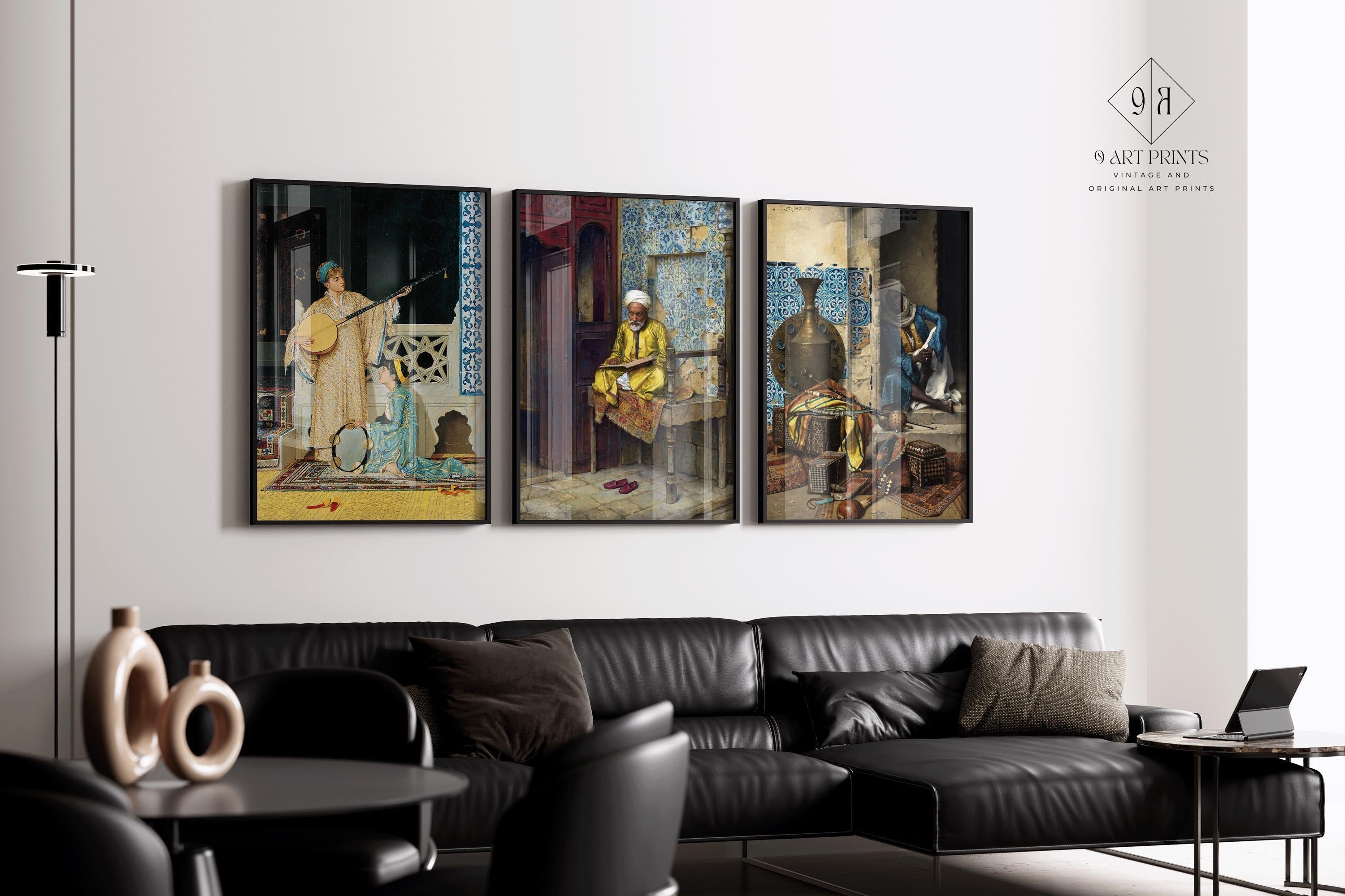 Orientalist Elegance: STATEMENT TRIO ArtFeaturing Musicians Scholars & Rich Patterns – Timeless Wall Décor Available framed - 9ArtPrints