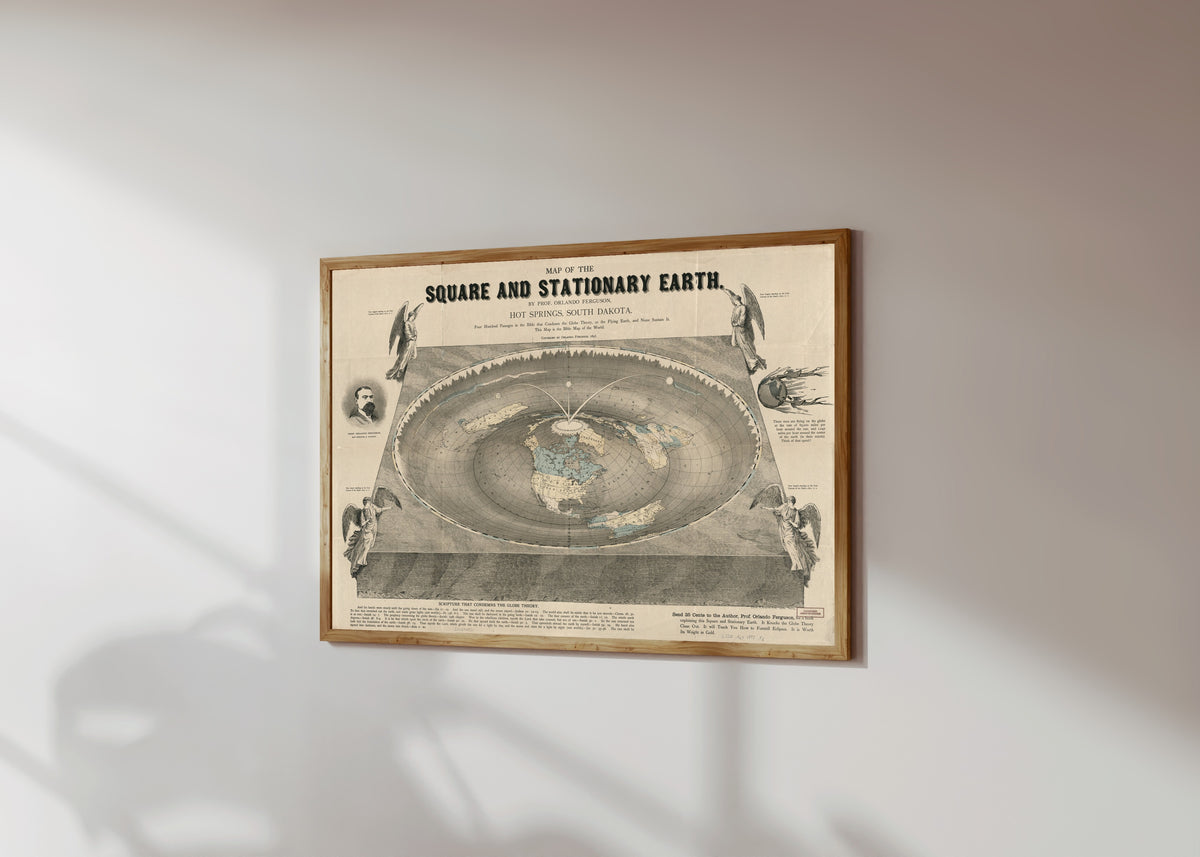 Framed art print of Map of the Square and Stationary Earth by Orlando Ferguson, in a light wood frame on a sunlit white wall, seen at a slight angle