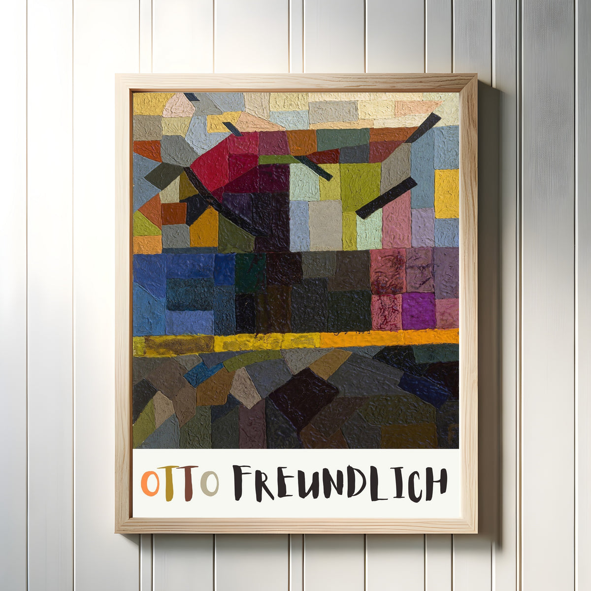 Framed art print of A Tree by Otto Freundlich, in a light wood frame on a white panelled wall