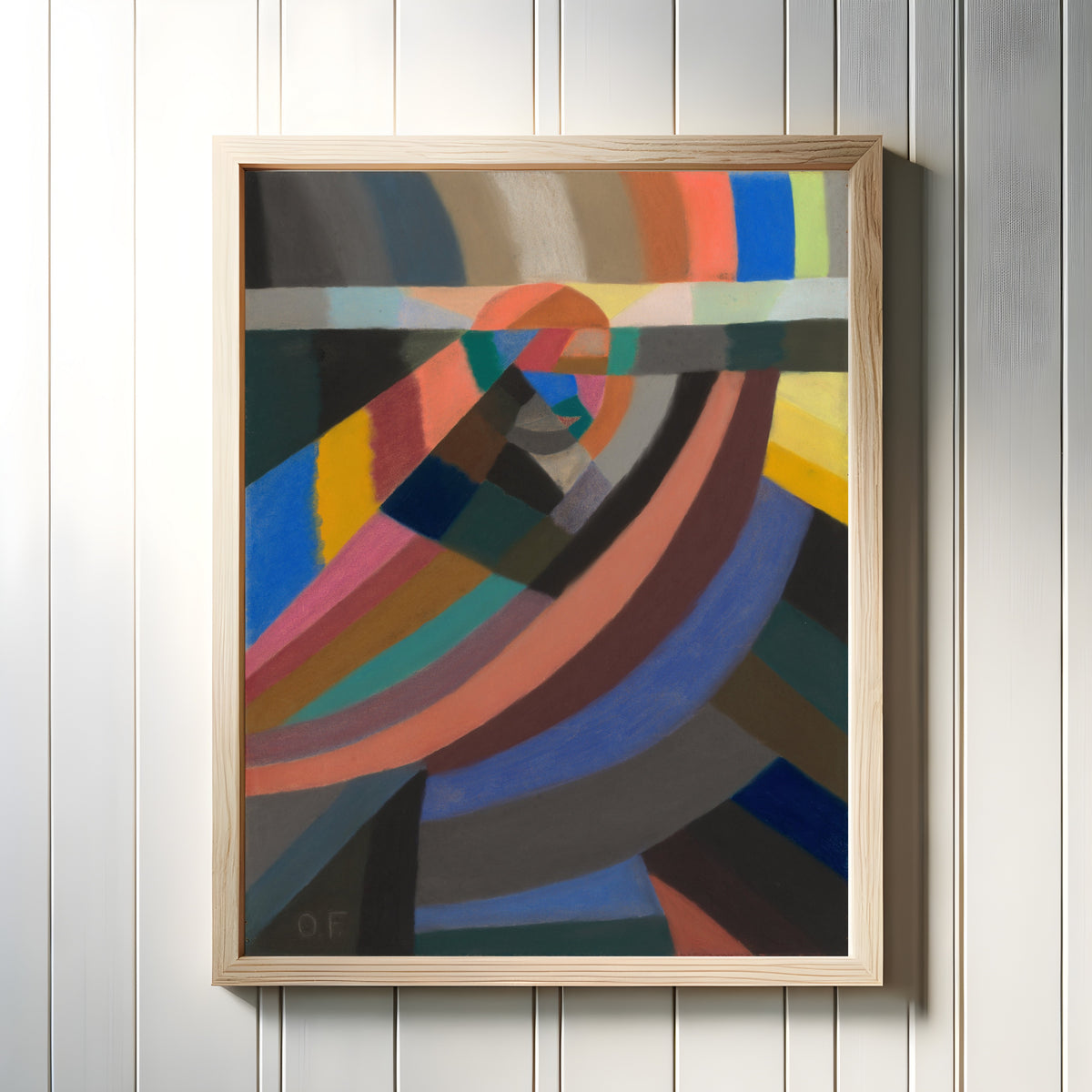 Framed art print of Composition (1924) by Otto Freundlich, in a light wood frame on a white panelled wall