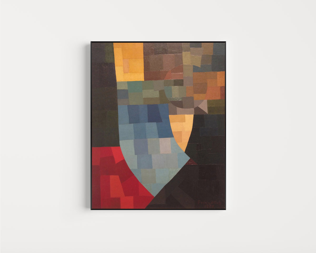 Framed art print of Komposition (1930) by Otto Freundlich, in a slim black frame on a plain white wall
