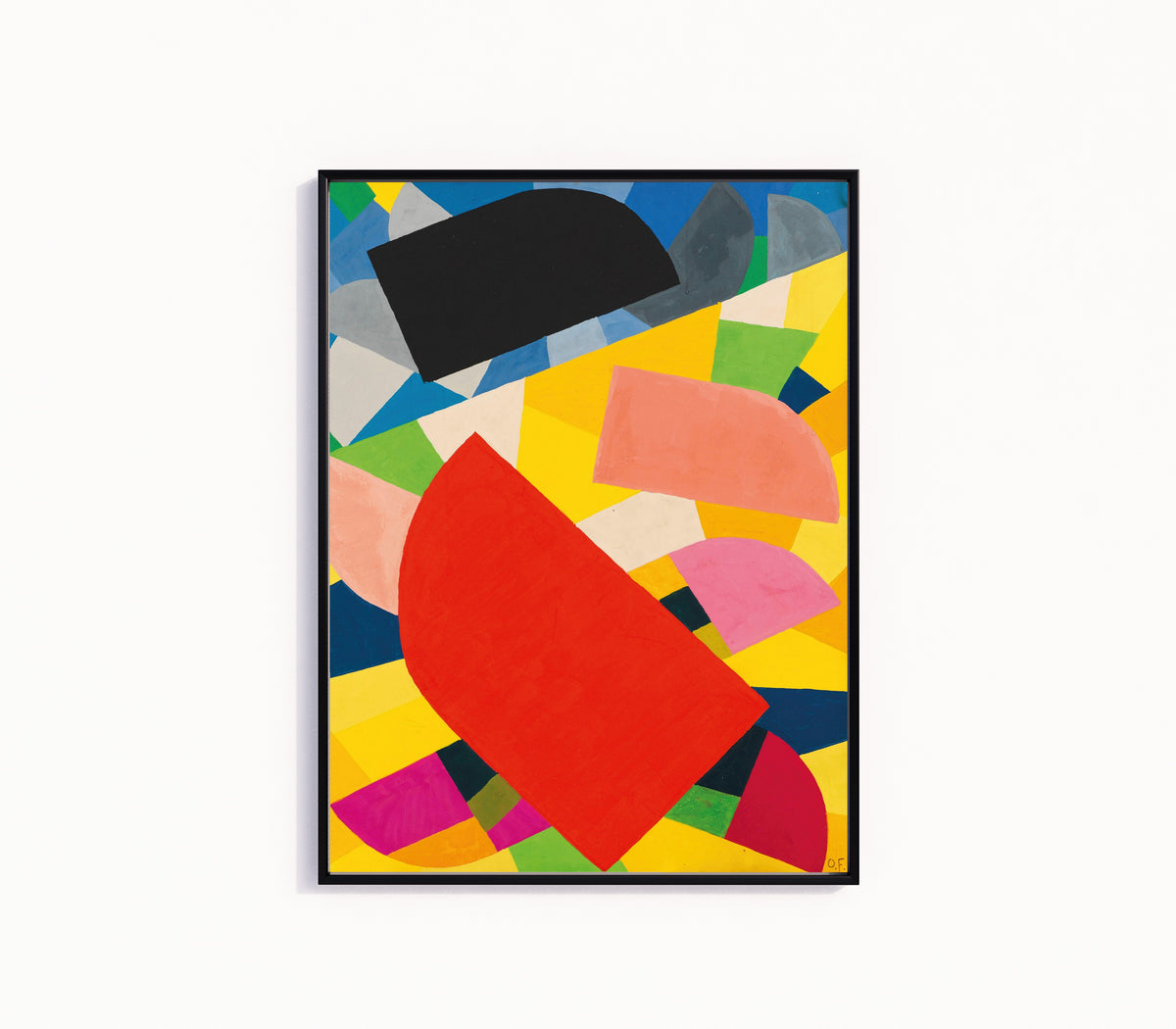 Framed art print of Komposition (1936) by Otto Freundlich, in a slim black frame on a plain white wall