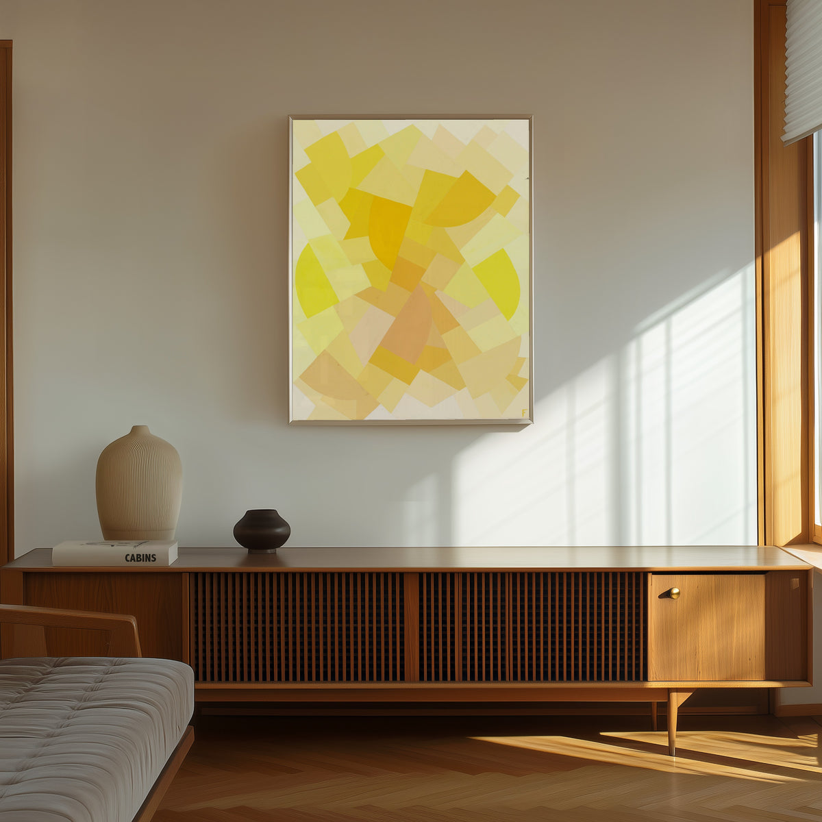 Framed art print of Komposition (1938) by Otto Freundlich, in a thin light frame on a sunlit wall above a wooden sideboard