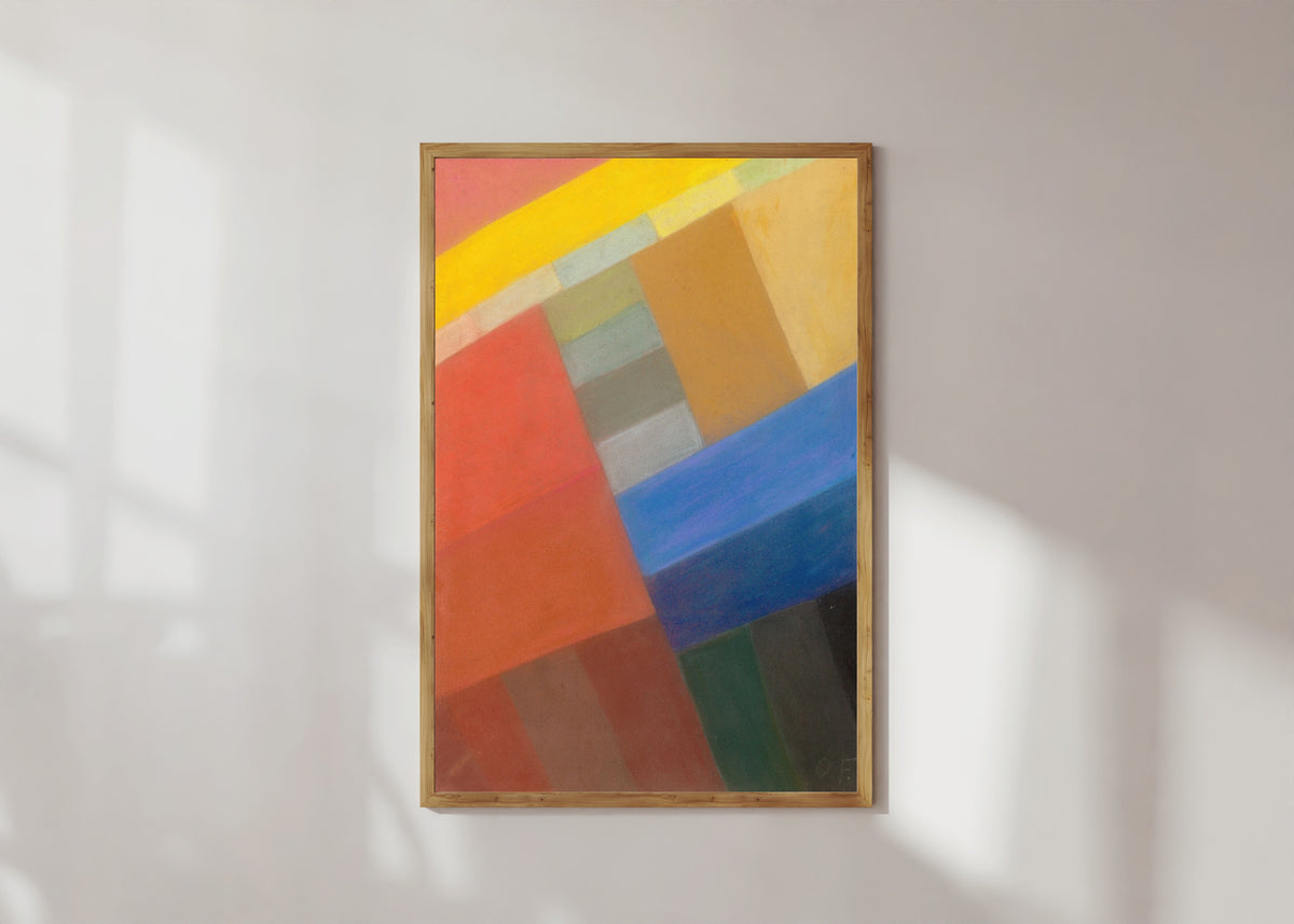 Framed art print of Komposition (c. 1931) by Otto Freundlich, in a light wood frame on a sunlit white wall