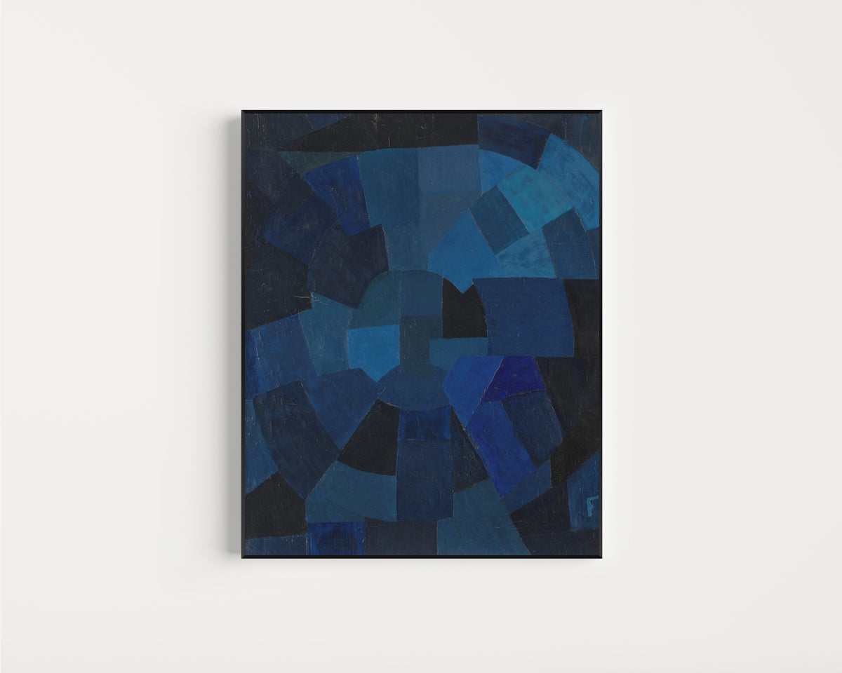 Framed art print of Komposition in Blau (1931) by Otto Freundlich, in a slim black frame on a plain white wall