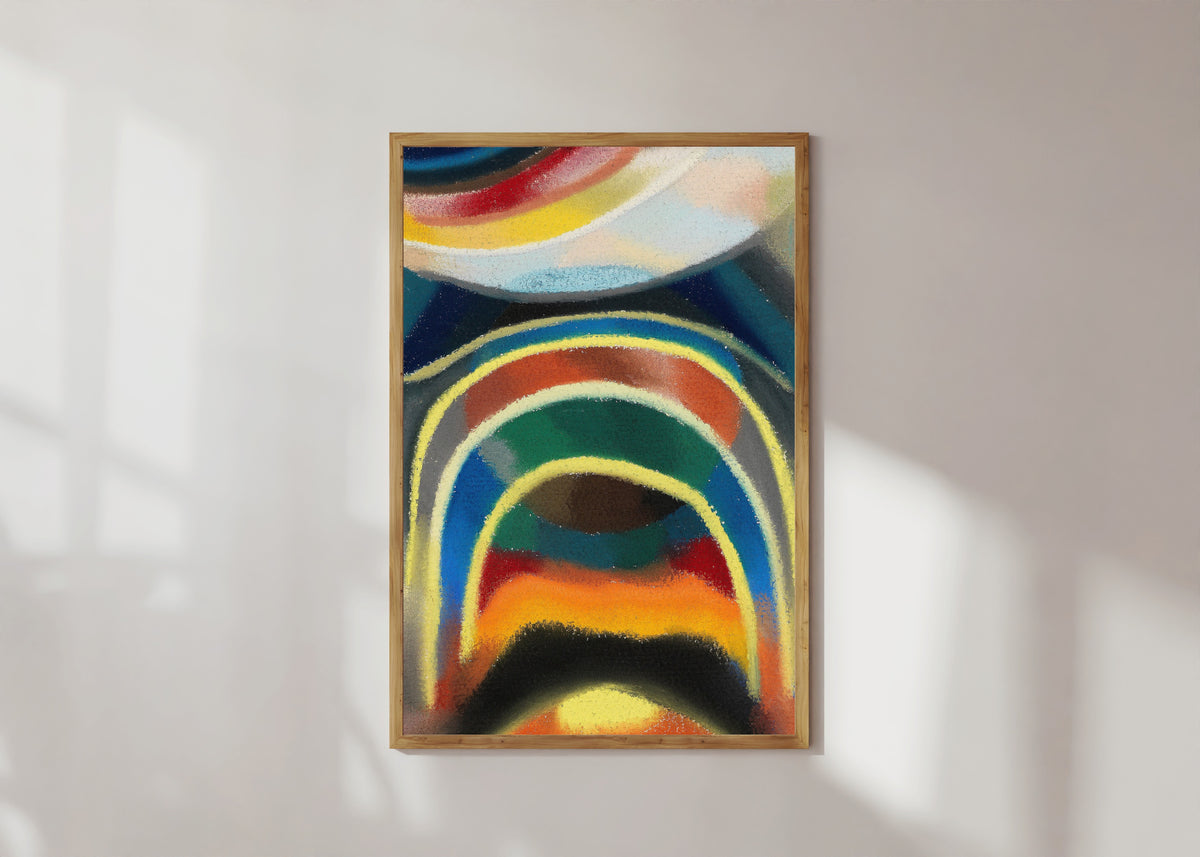 Framed art print of Lichtkreise (Kosmischer Regenbogen) (1922) by Otto Freundlich, in a light wood frame on a sunlit white wall