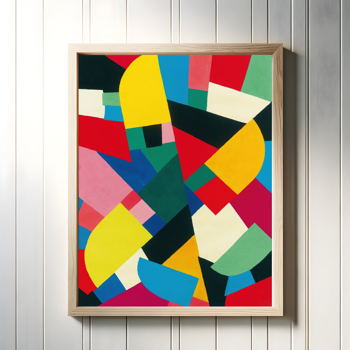 Framed art print of Sans titre (1936) by Otto Freundlich, in a light wood frame on a white panelled wall