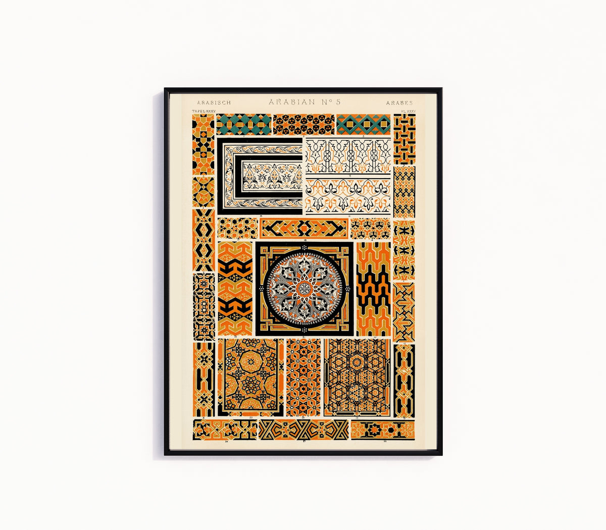 Framed art print of Arabesque by Owen Jones, in a slim black frame on a plain white wall