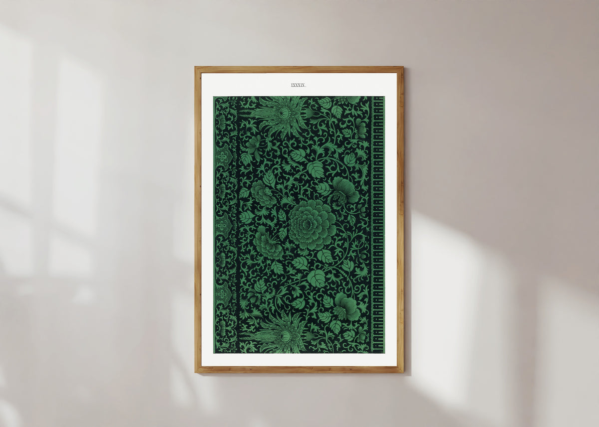 Framed art print of Example of Chinese Ornament Pl.79 (1867) by Owen Jones, in a light wood frame on a sunlit white wall