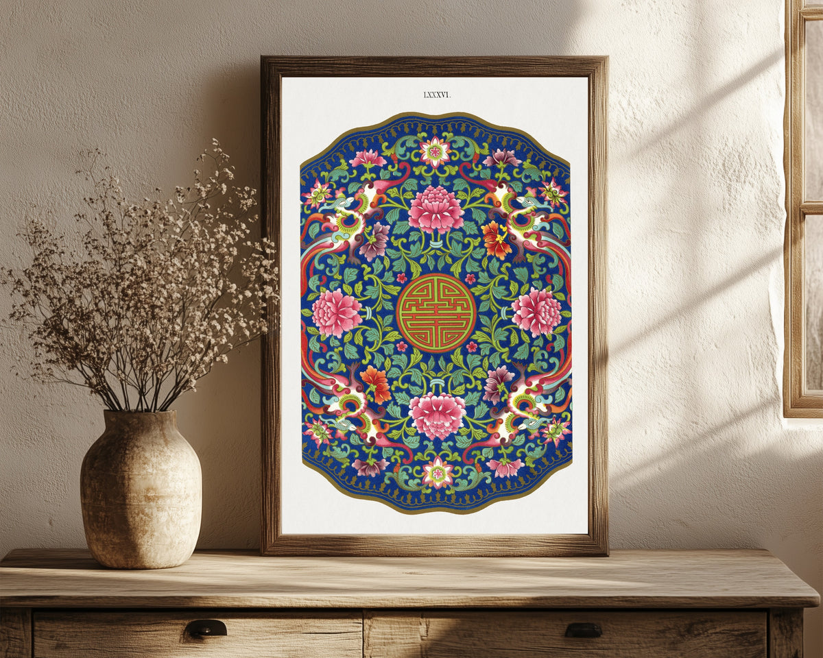Framed art print of Examples of Chinese Ornament, Plate 86 by Owen Jones, in a dark wood frame leaning on a rustic console beside dried flowers
