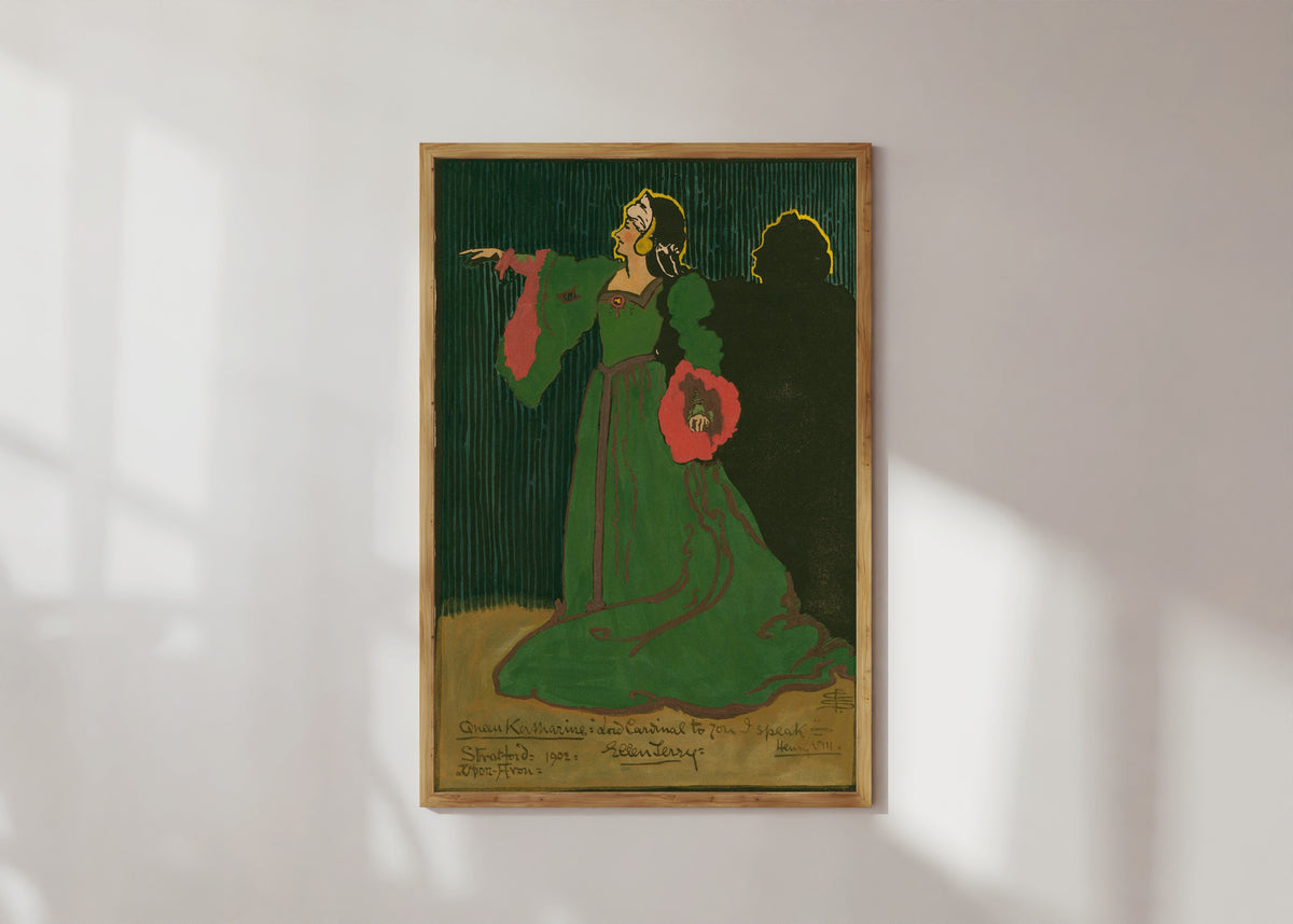 Framed art print of Henry VIII: Ellen Terry as Queen Katharine by Pamela Colman Smith, in a light wood frame on a sunlit white wall