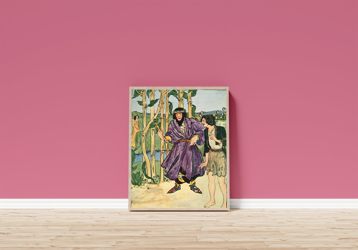 Framed art print of In Chimney Corners: Ye Never Saw More Wonderful… by Pamela Colman Smith, in a light wood frame leaning on a pink wall above a wooden floor