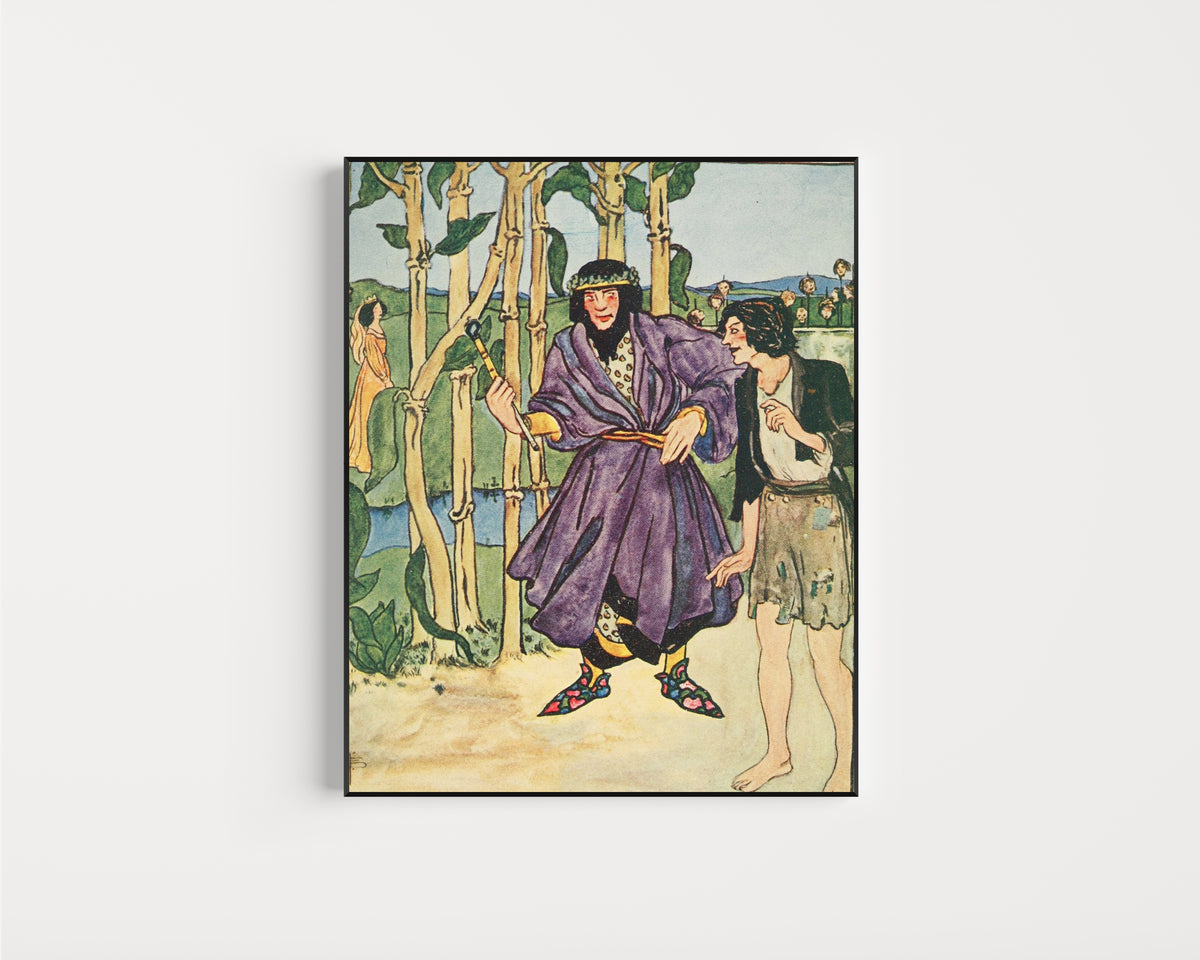 Framed art print of In Chimney Corners: Ye Never Saw More Wonderful Beanstalks by Pamela Colman Smith, in a slim black frame on a plain white wall