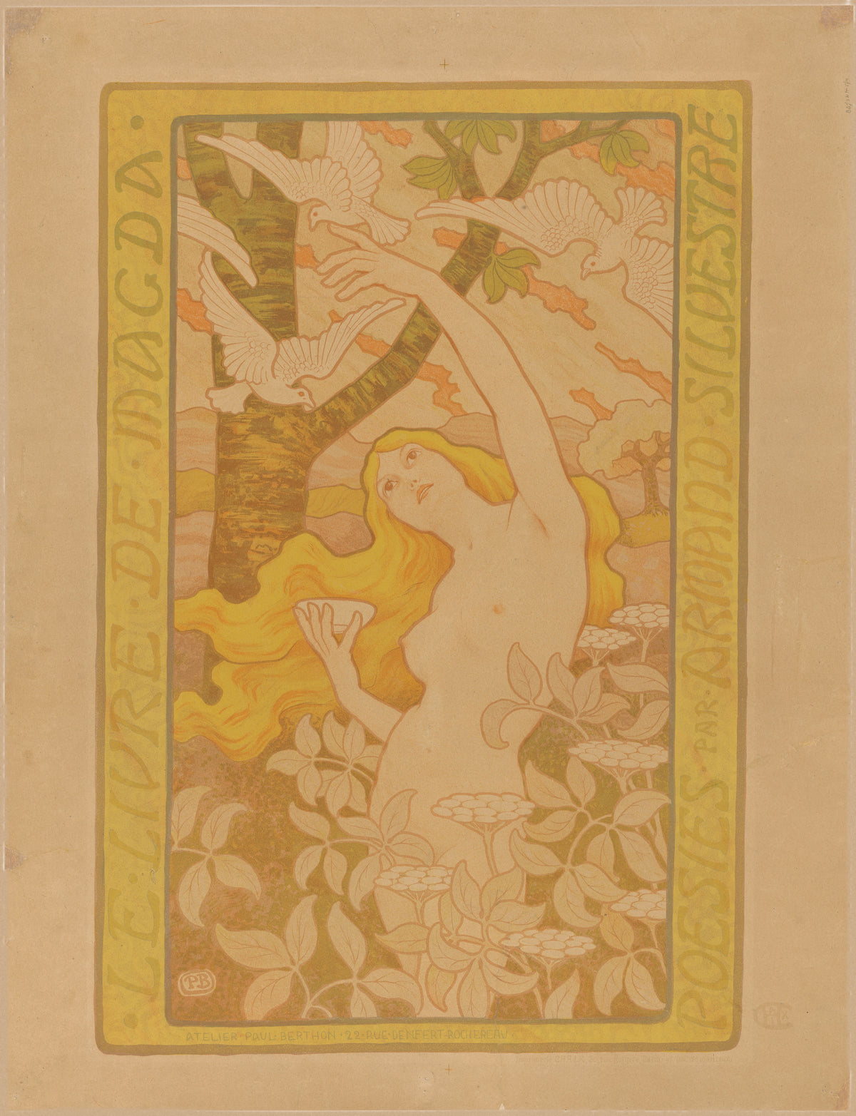 Affiche voor Le livre de Magda door Armand Silvestre by Paul Berthon — A golden-haired woman reaches toward doves flying past a tree