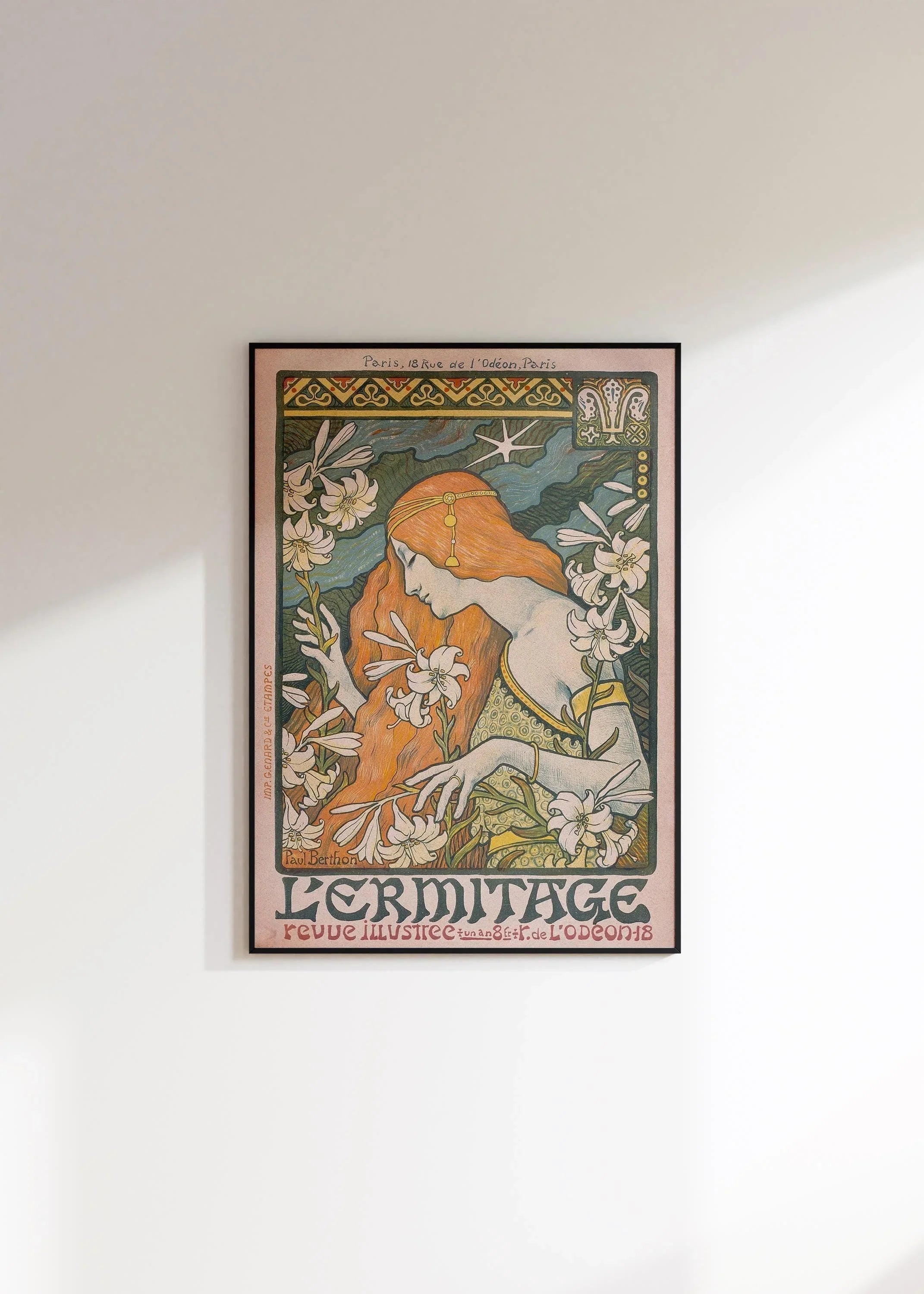 Paul Berthon - L'Ermitage (1897) | Enchanting Art Nouveau masterpiece with flowing lines, lilies, and vibrant colors | Framed or unframed - 9ArtPrints