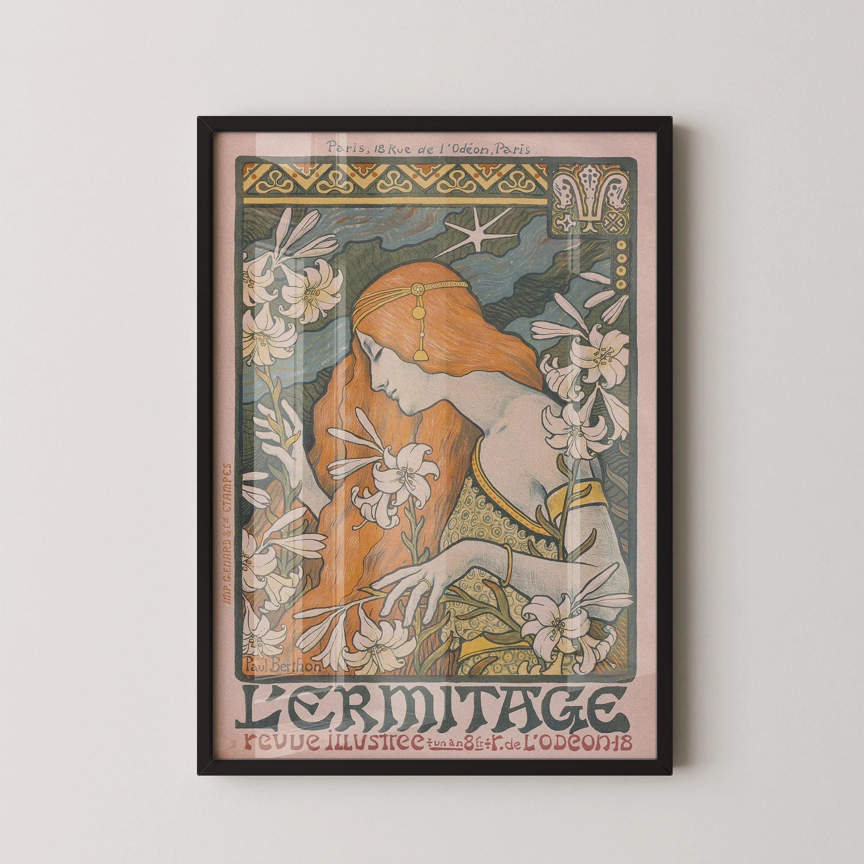Paul Berthon - L'Ermitage (1897) | Enchanting Art Nouveau masterpiece with flowing lines, lilies, and vibrant colors | Framed or unframed - 9ArtPrints