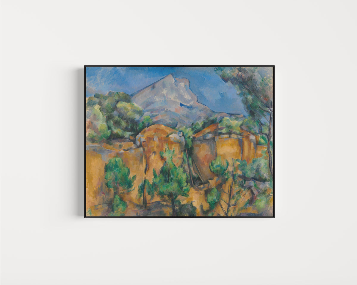 Framed art print of Mont Sainte-Victoire Seen from the Bibémus Quarry by Paul Cezanne, in a slim black frame on a plain white wall