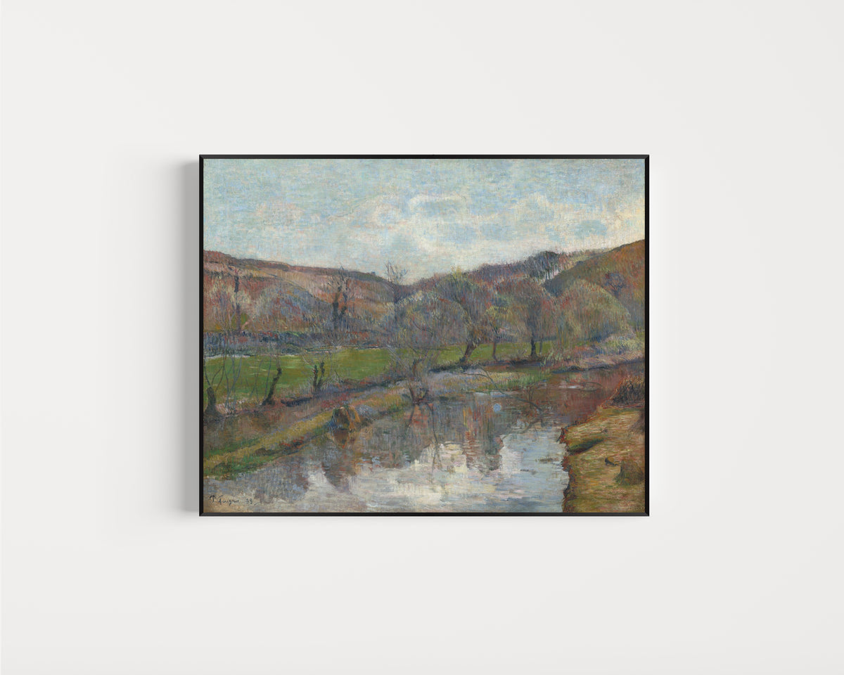 Framed art print of Brittany Landscape by Paul Gauguin, in a slim black frame on a plain white wall