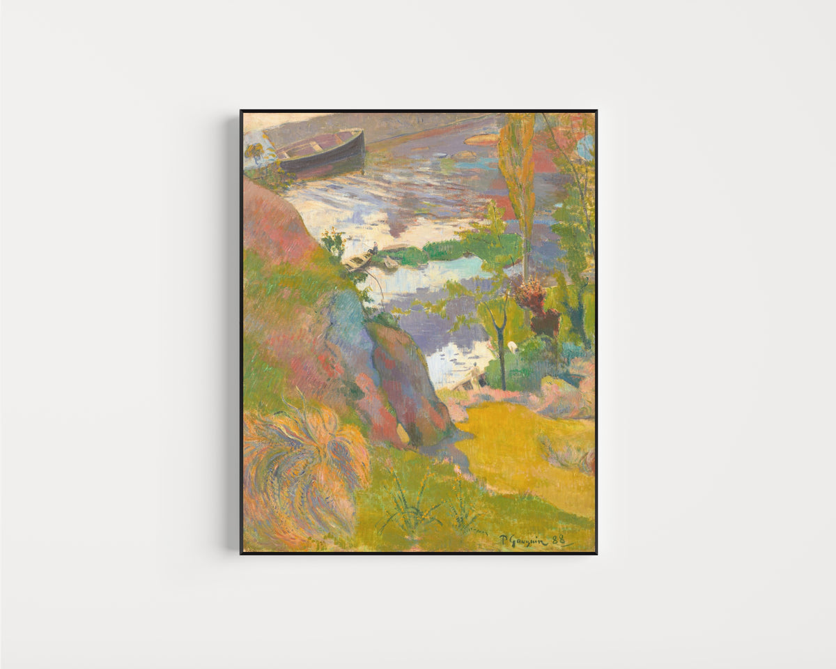 Framed art print of Fisherman and Bathers on the Aven by Paul Gauguin, in a slim black frame on a plain white wall