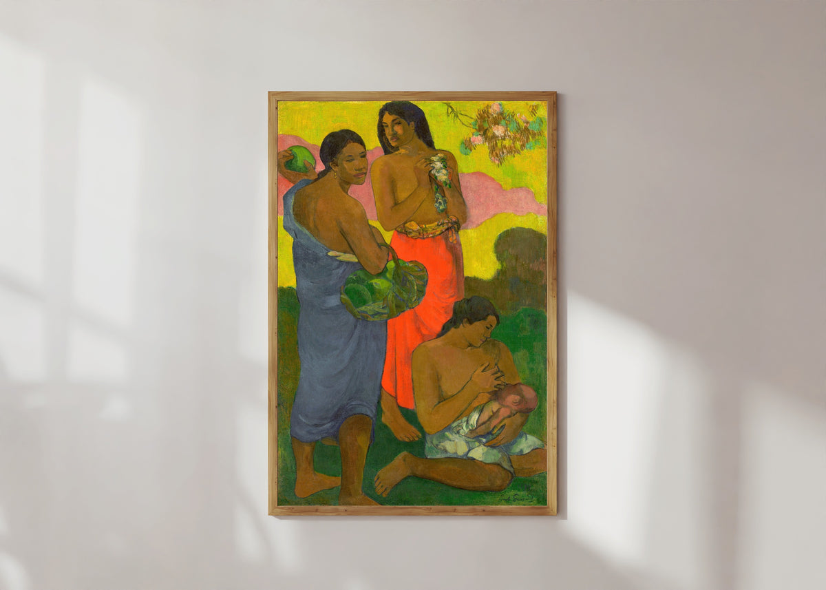 Framed art print of Maternité II by Paul Gauguin, in a light wood frame on a sunlit white wall