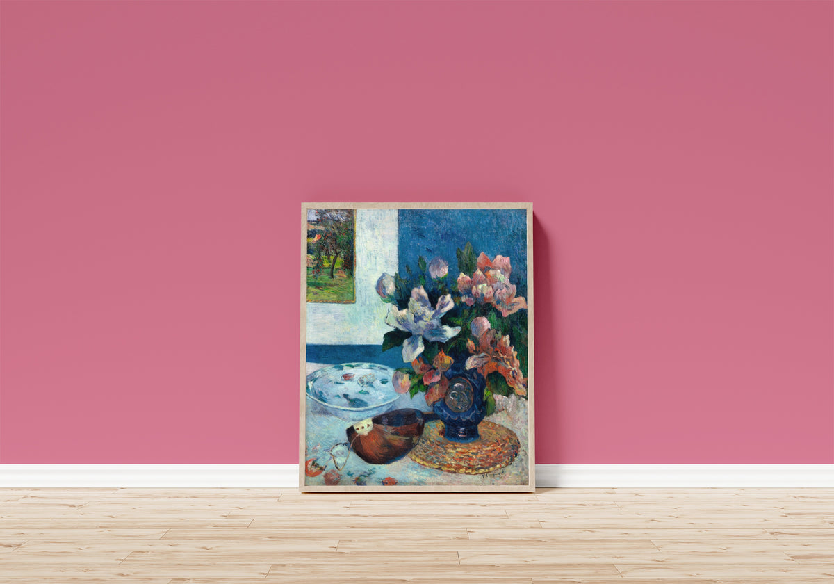 Framed art print of Still Life with Chinese Peonies and Mandolin by Paul Gauguin, in a light wood frame leaning on a pink wall above a wooden floor