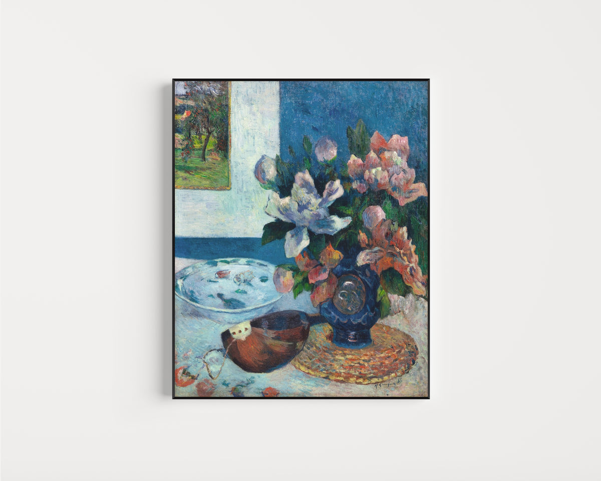 Framed art print of Still Life with Chinese Peonies and Mandolin by Paul Gauguin, in a slim black frame on a plain white wall