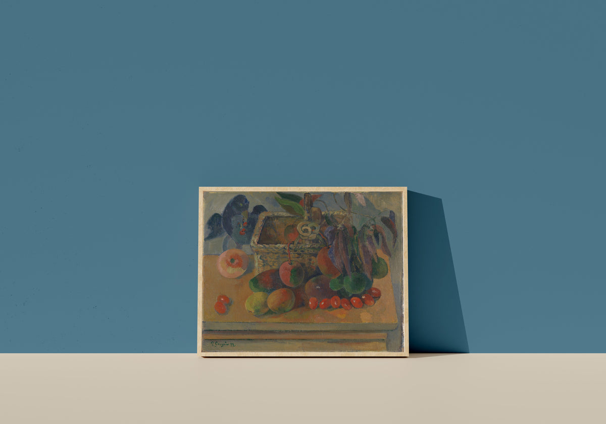 Framed art print of Still Life with Square Basket by Paul Gauguin, in a light wood frame leaning on a blue wall