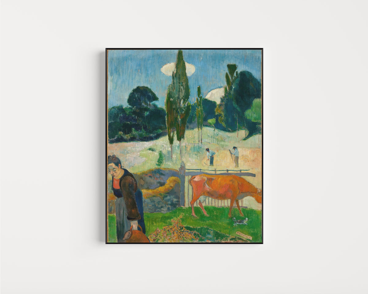 Framed art print of The Red Cow by Paul Gauguin, in a slim black frame on a plain white wall