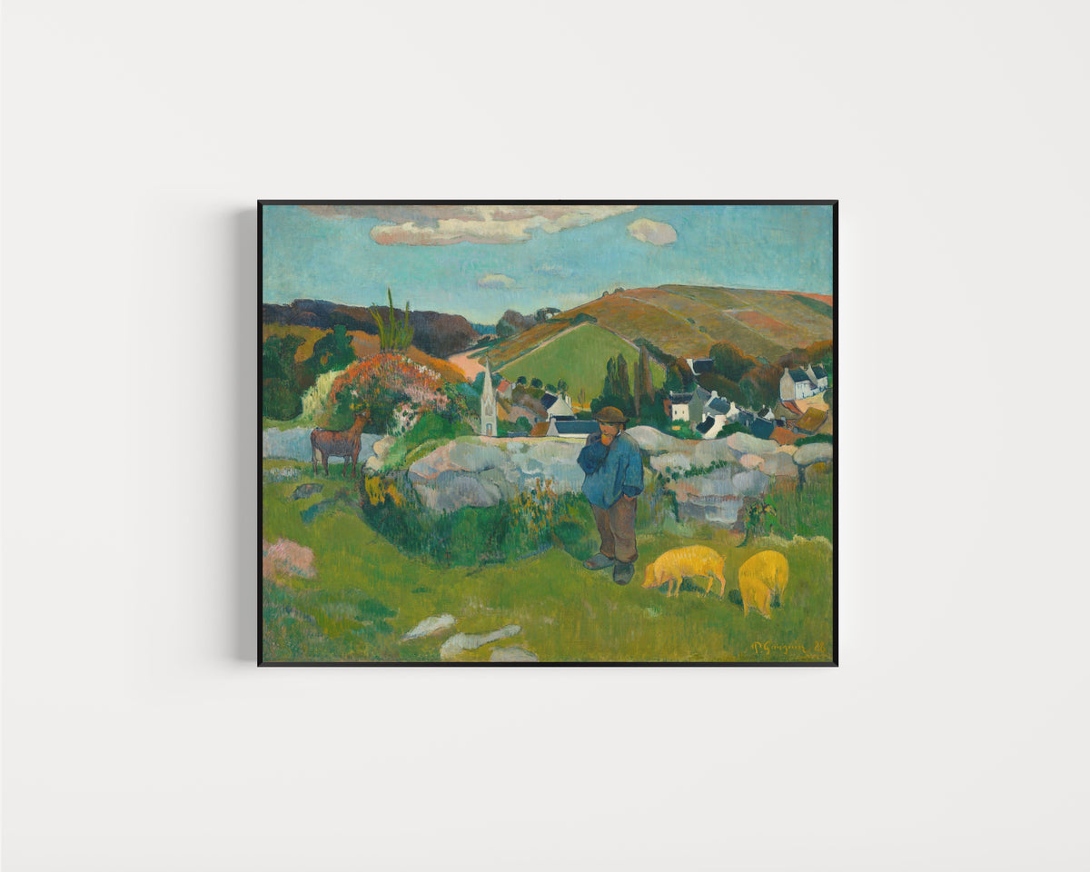 Framed art print of The Swineherd by Paul Gauguin, in a slim black frame on a plain white wall