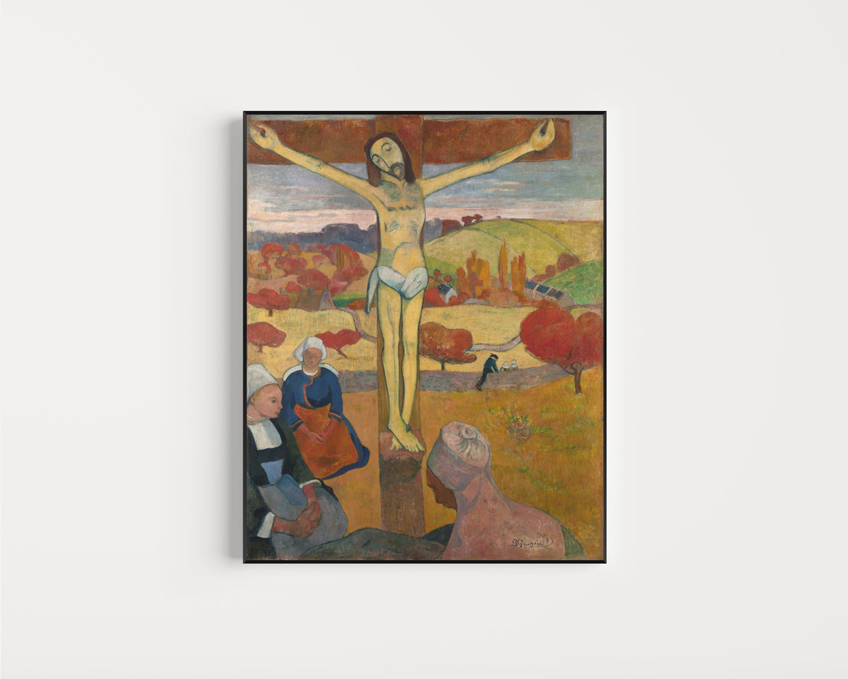 Framed art print of The Yellow Christ by Paul Gauguin, in a slim black frame on a plain white wall