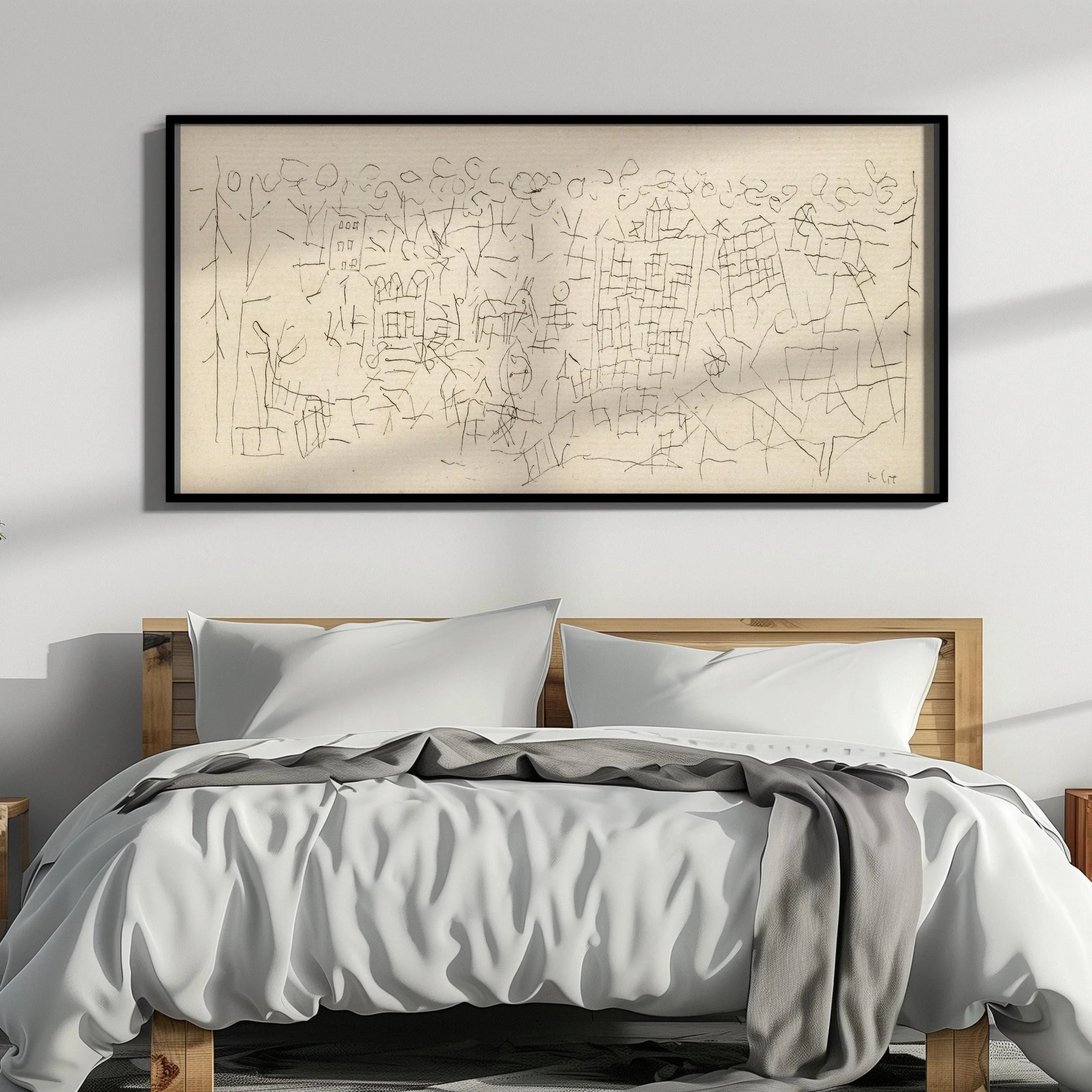 Paul Klee - About the Town | Modern Abstract Beige Wide Panoramic Sketch Art (available handframed or unframed) 2x1 - 9ArtPrints
