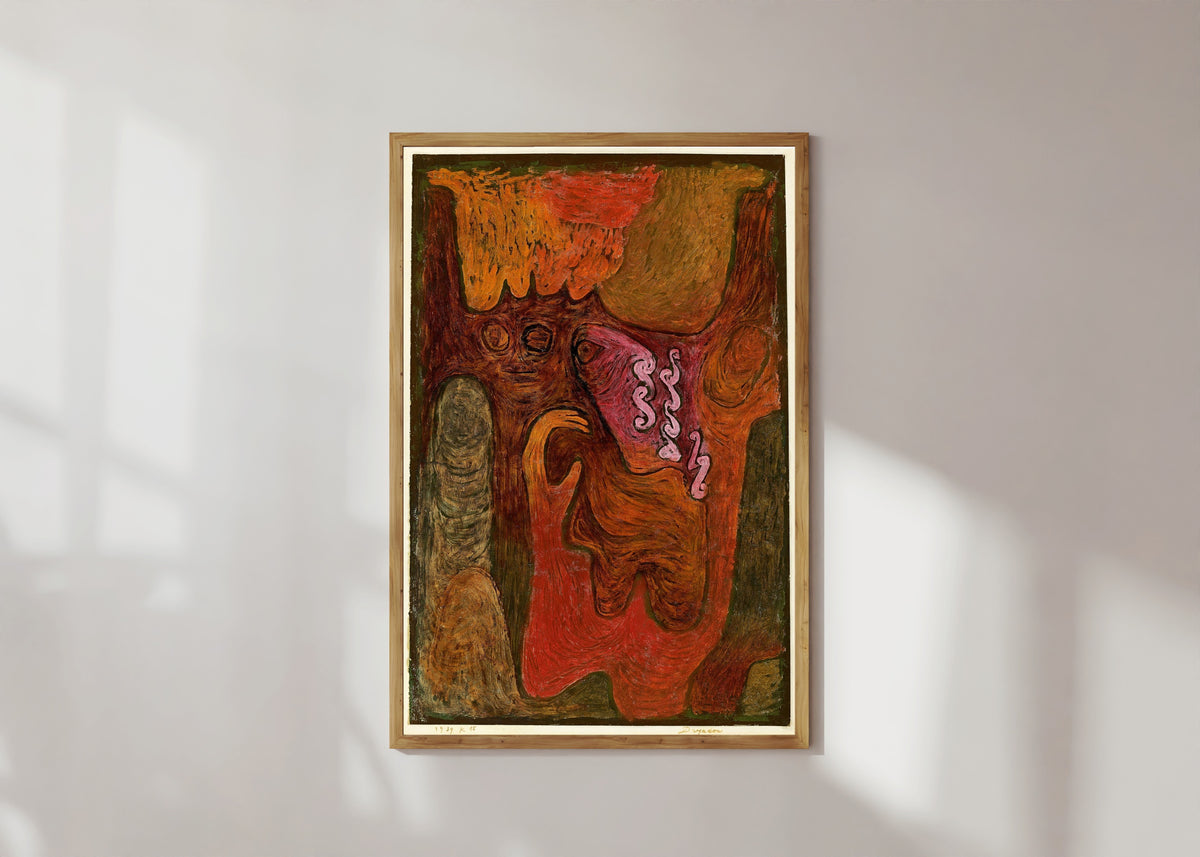 Framed art print of Dryads by Paul Klee, in a light wood frame on a sunlit white wall