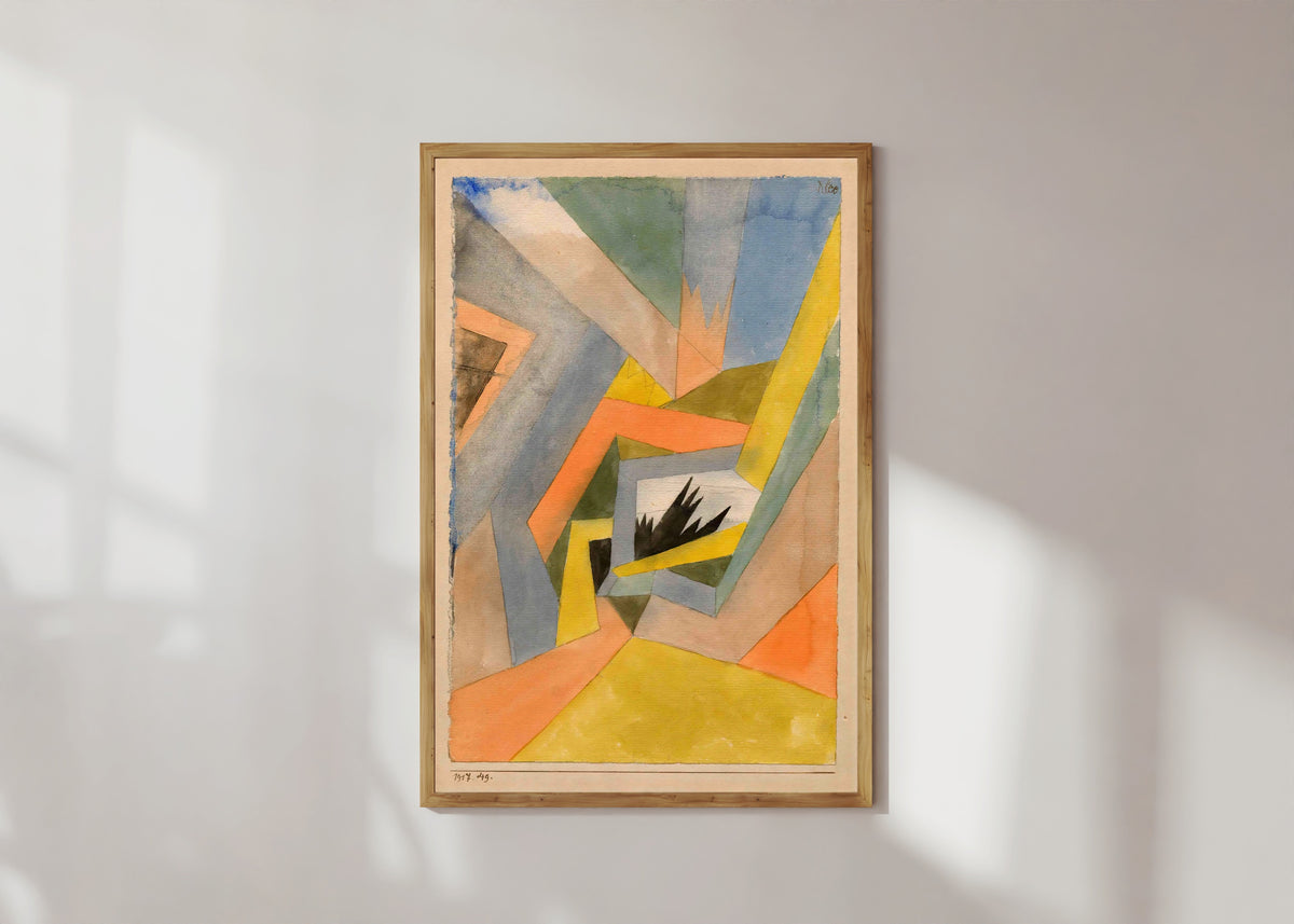 Framed art print of The Idea of Firs by Paul Klee, in a light wood frame on a sunlit white wall