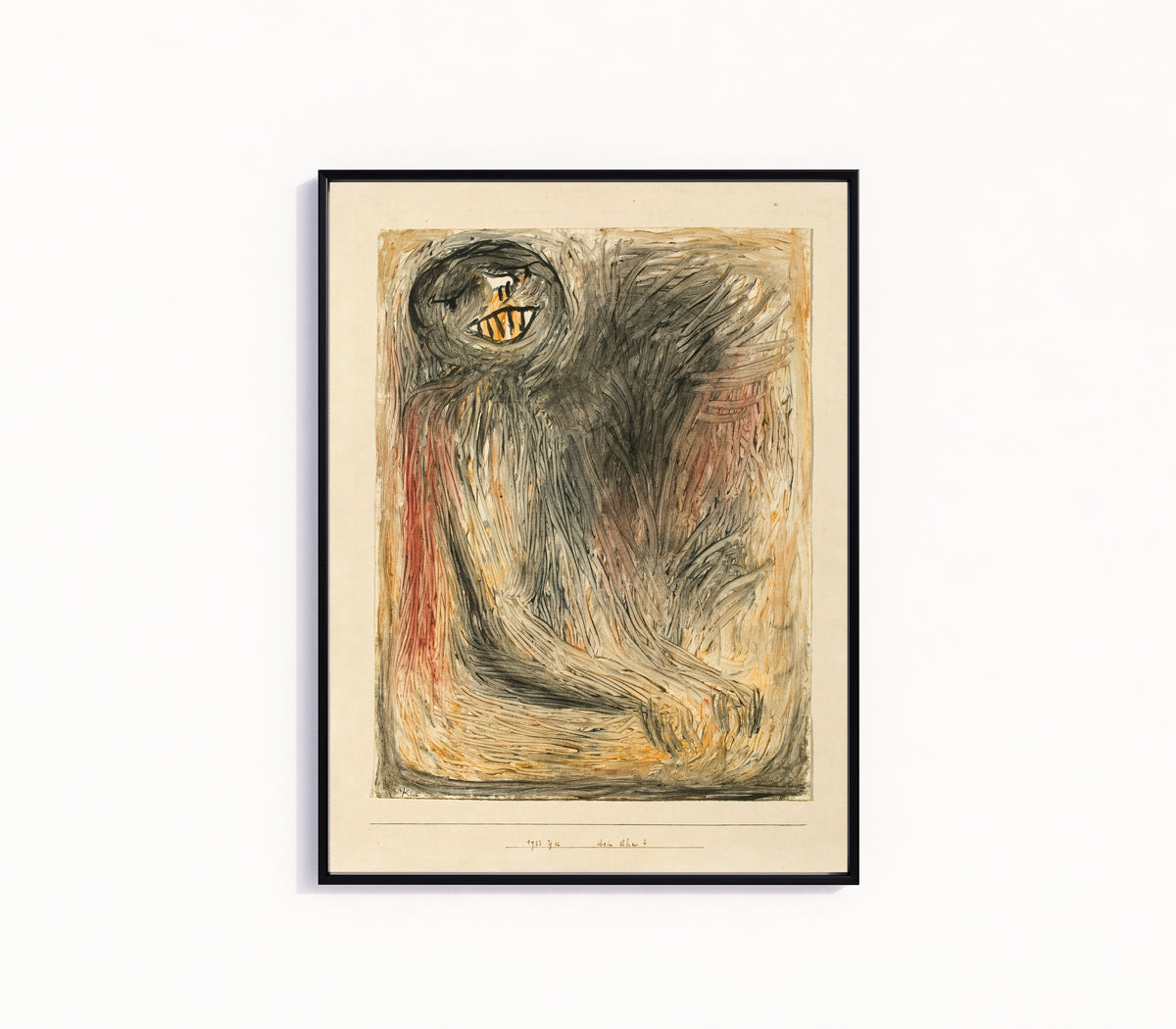 Framed art print of Your Ancestor (Dein Ahn) by Paul Klee, in a slim black frame on a plain white wall