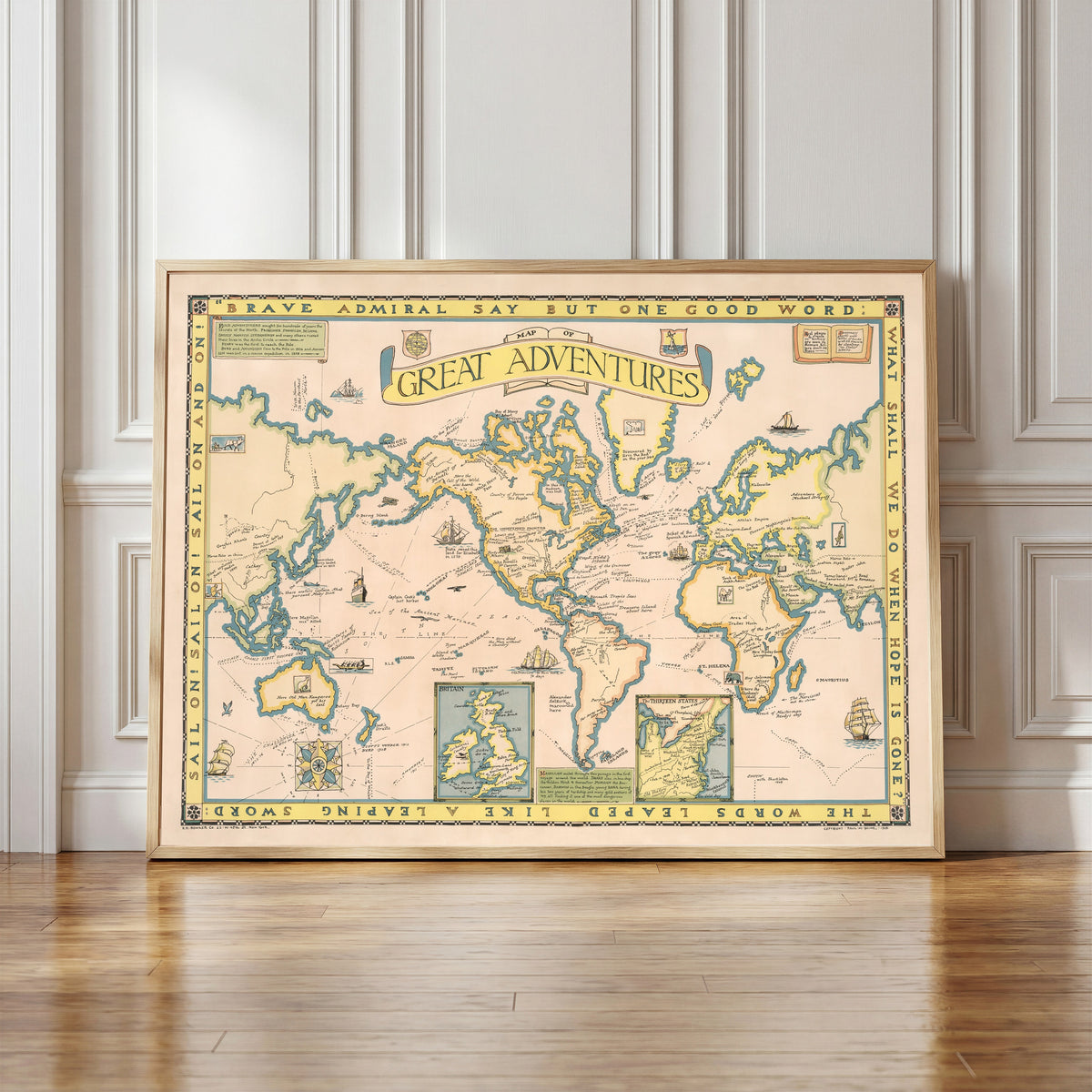 Framed art print of Map of Great Adventures by Paul Mayo Paine, in a light wood frame leaning against a panelled white wall
