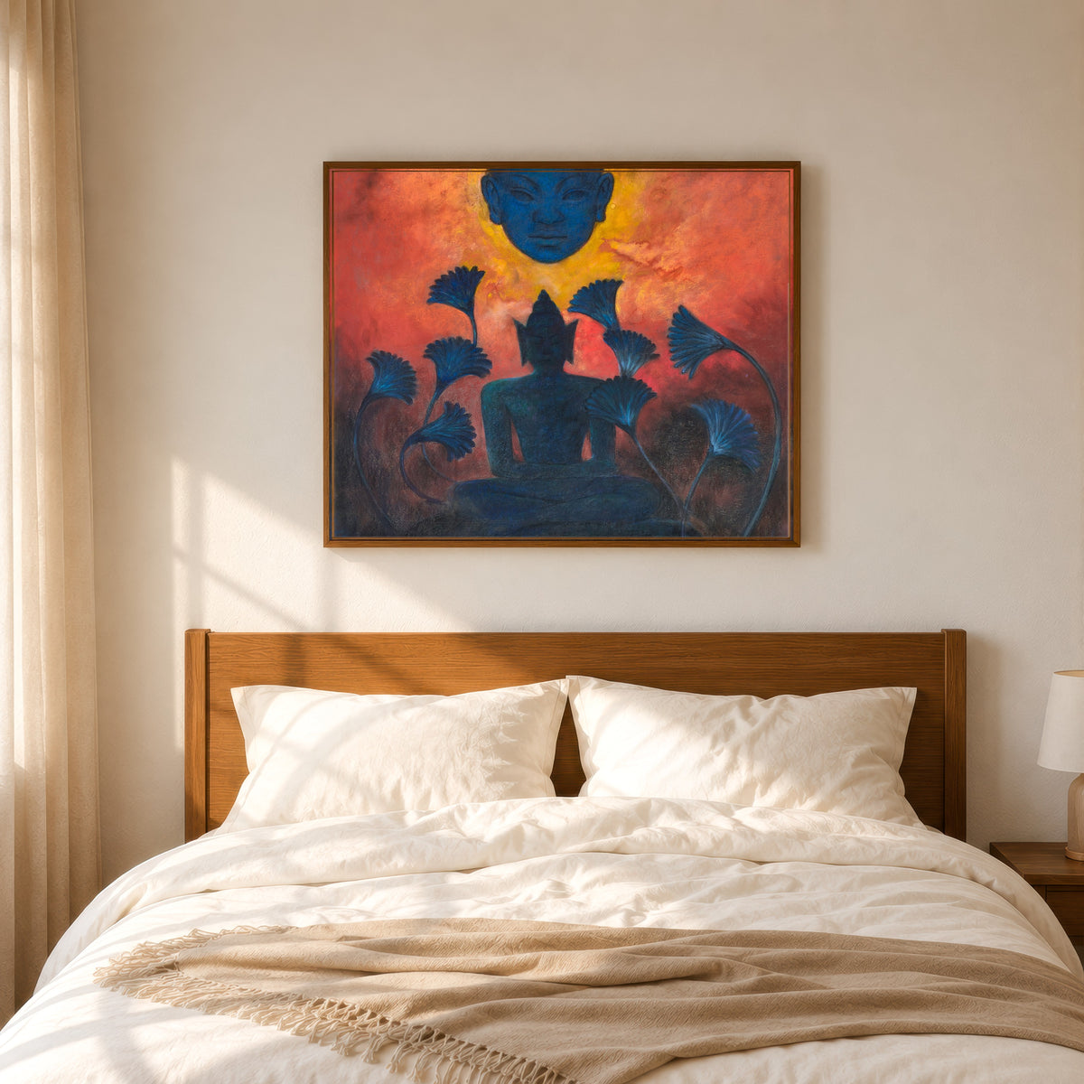 Framed art print of Study for Christ and Buddha by Paul Ranson, in a slim wood frame above a bed in a sunlit bedroom