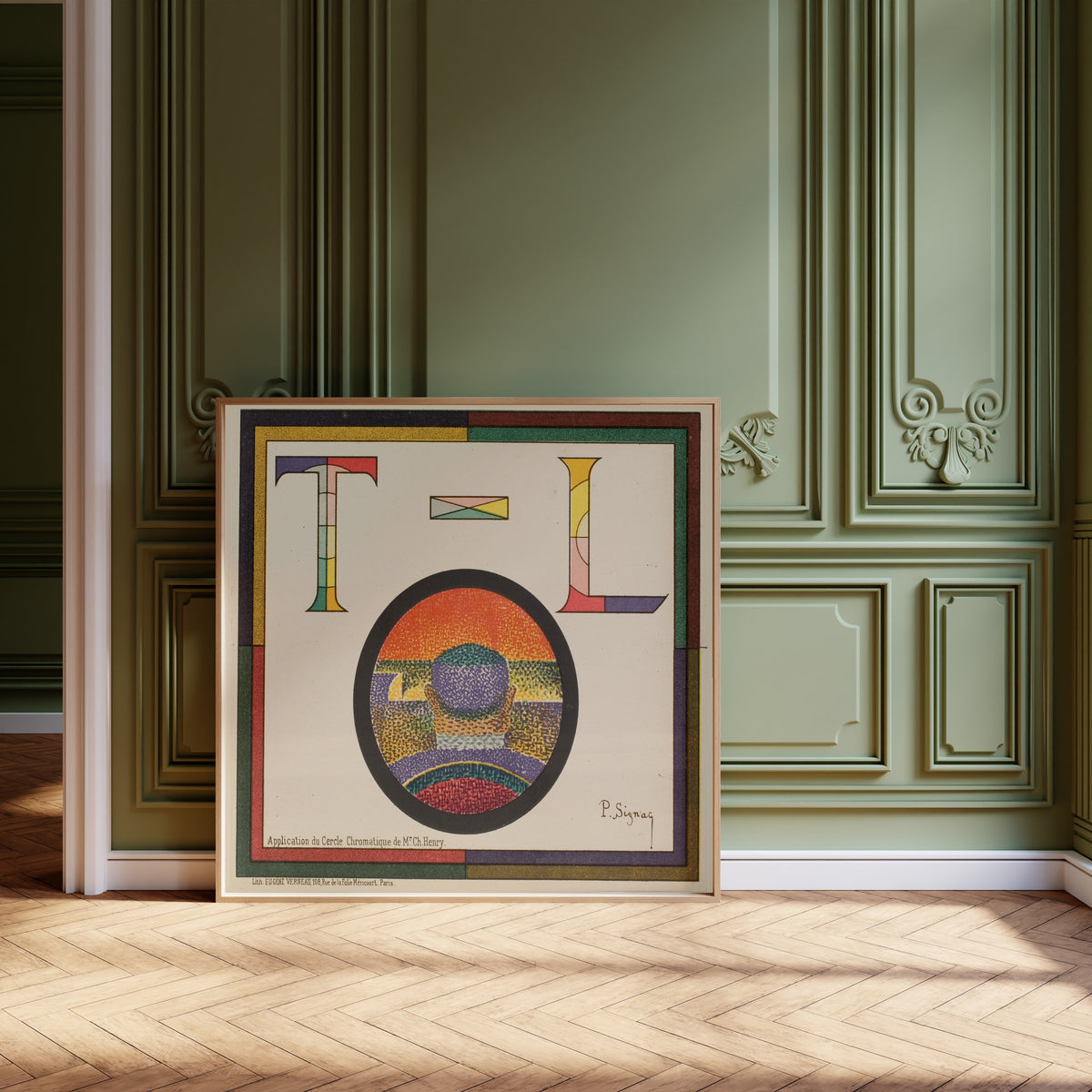 Application du Cercle Chromatique by Paul Signac — framed and leaning against olive-green panelling on a herringbone floor