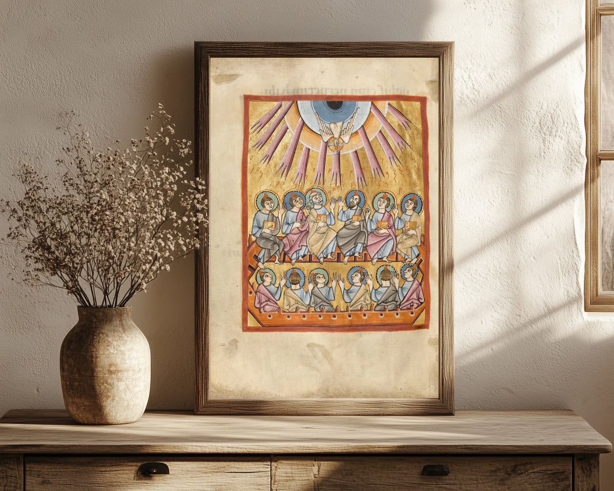 Framed art print of Pentecost (Rays from Heaven), in a dark wood frame leaning on a rustic console beside dried flowers