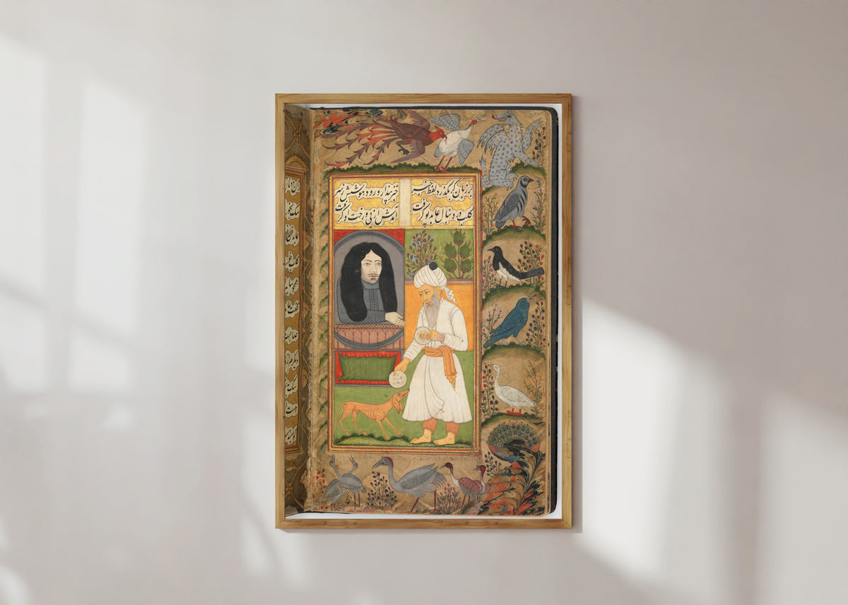 Framed art print of Nan va Halva (Breads and Sweets), in a light wood frame on a sunlit white wall